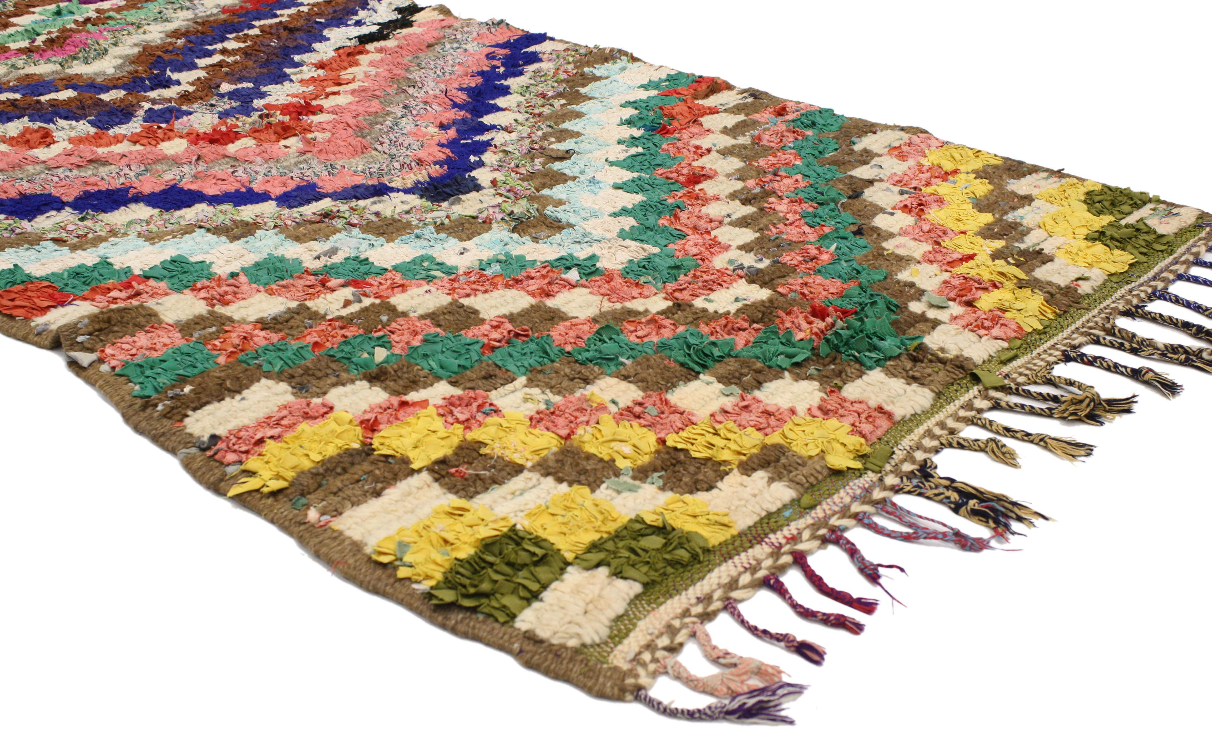 Hand-Knotted Colorful Vintage Berber Moroccan Boujad Rug with Post-Modern Cubism Style