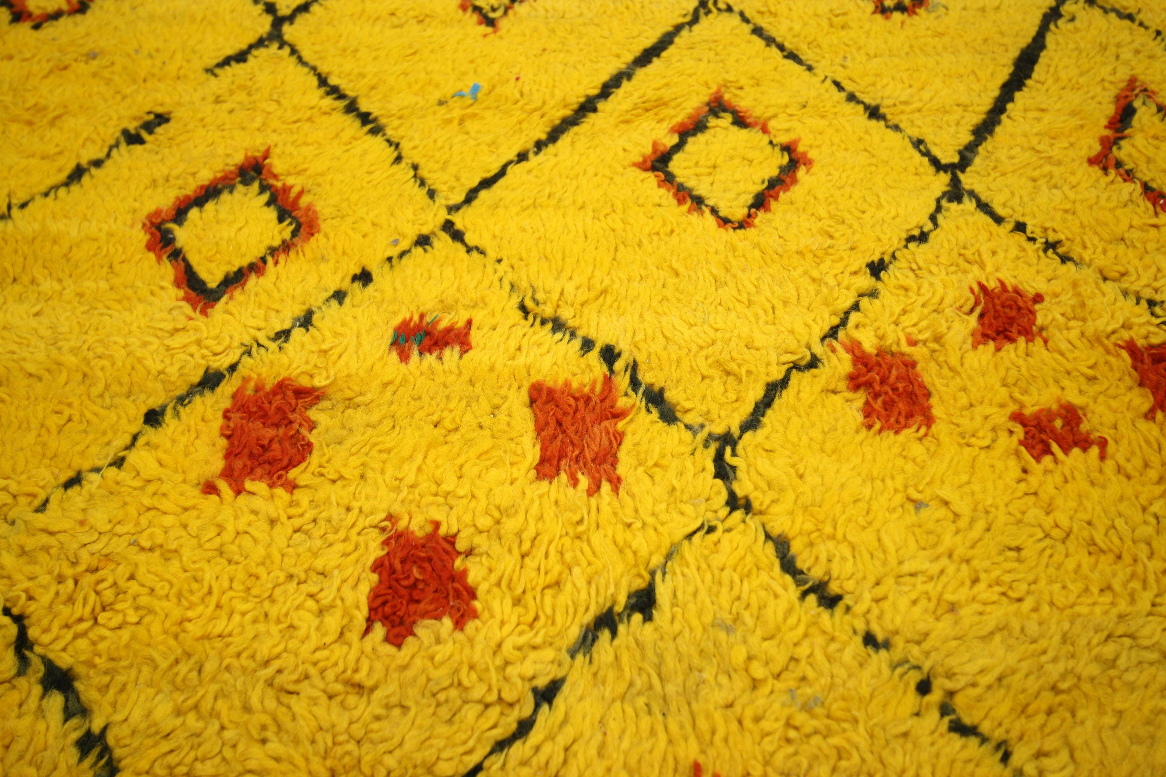 Hand-Knotted Vintage Berber Moroccan Rug with Tribal Style, Golden Yellow Amber Citrine