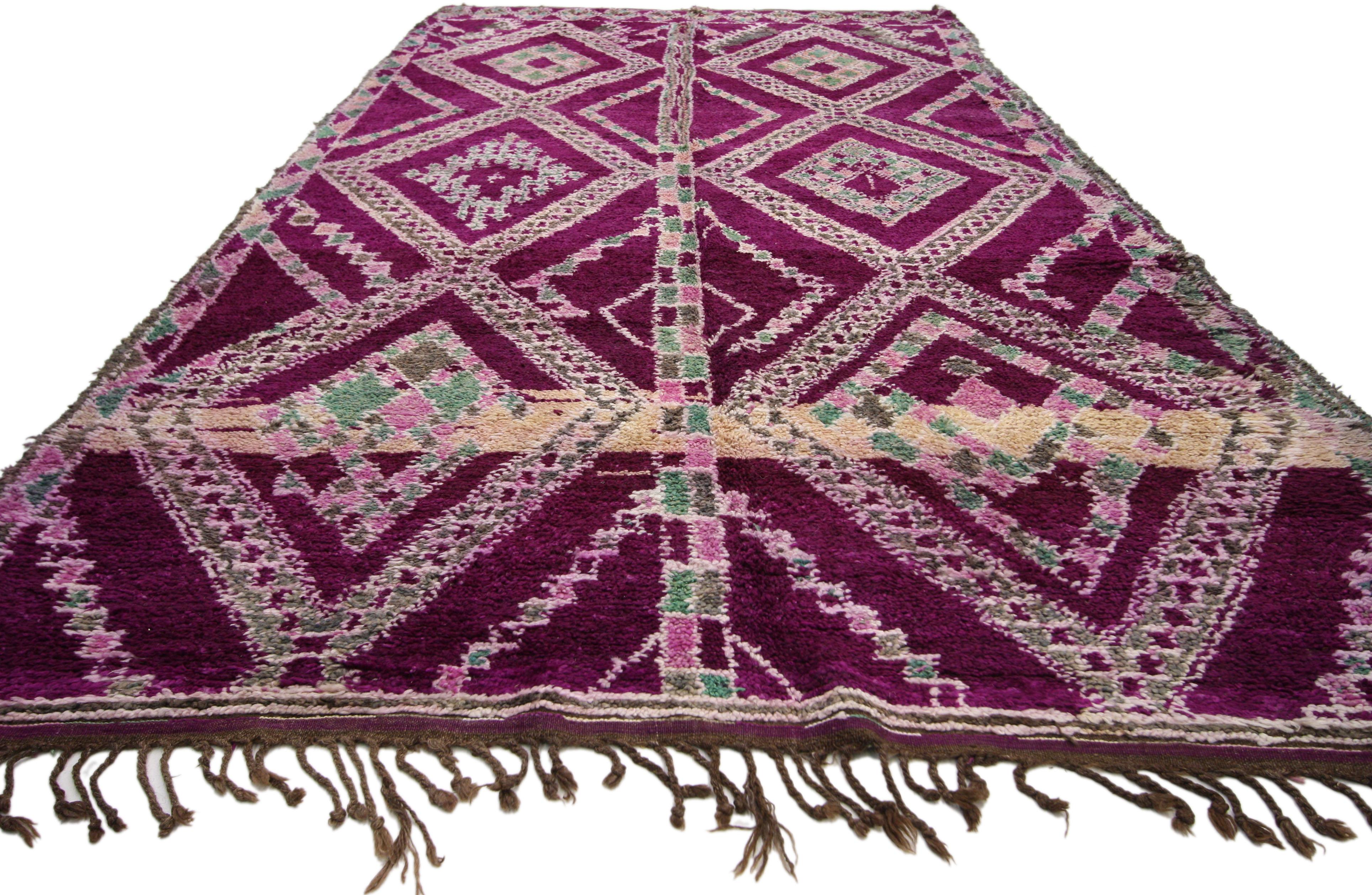 20684 Vintage Magenta-Purple Beni M'Guild Moroccan Rug with Tribal Bohemian Style 06'01 x 12'00. Rich waves of abrash and the tribal appeal of nomadic charm, the magenta and purple hues provide the perfect backdrop for tribal style and add a hint of