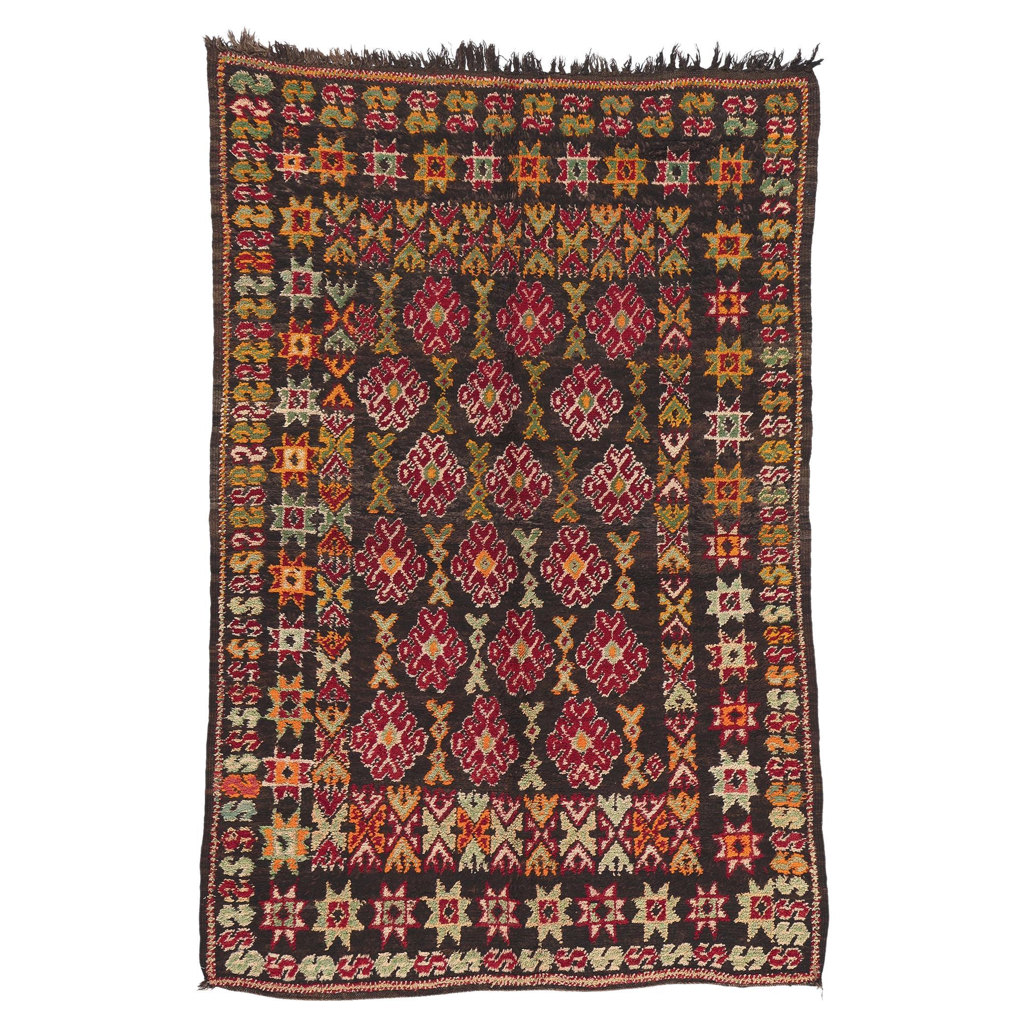 Vintage Beni MGuild Moroccan Rug , Tribal Enchantment Meets Midcentury Modern For Sale