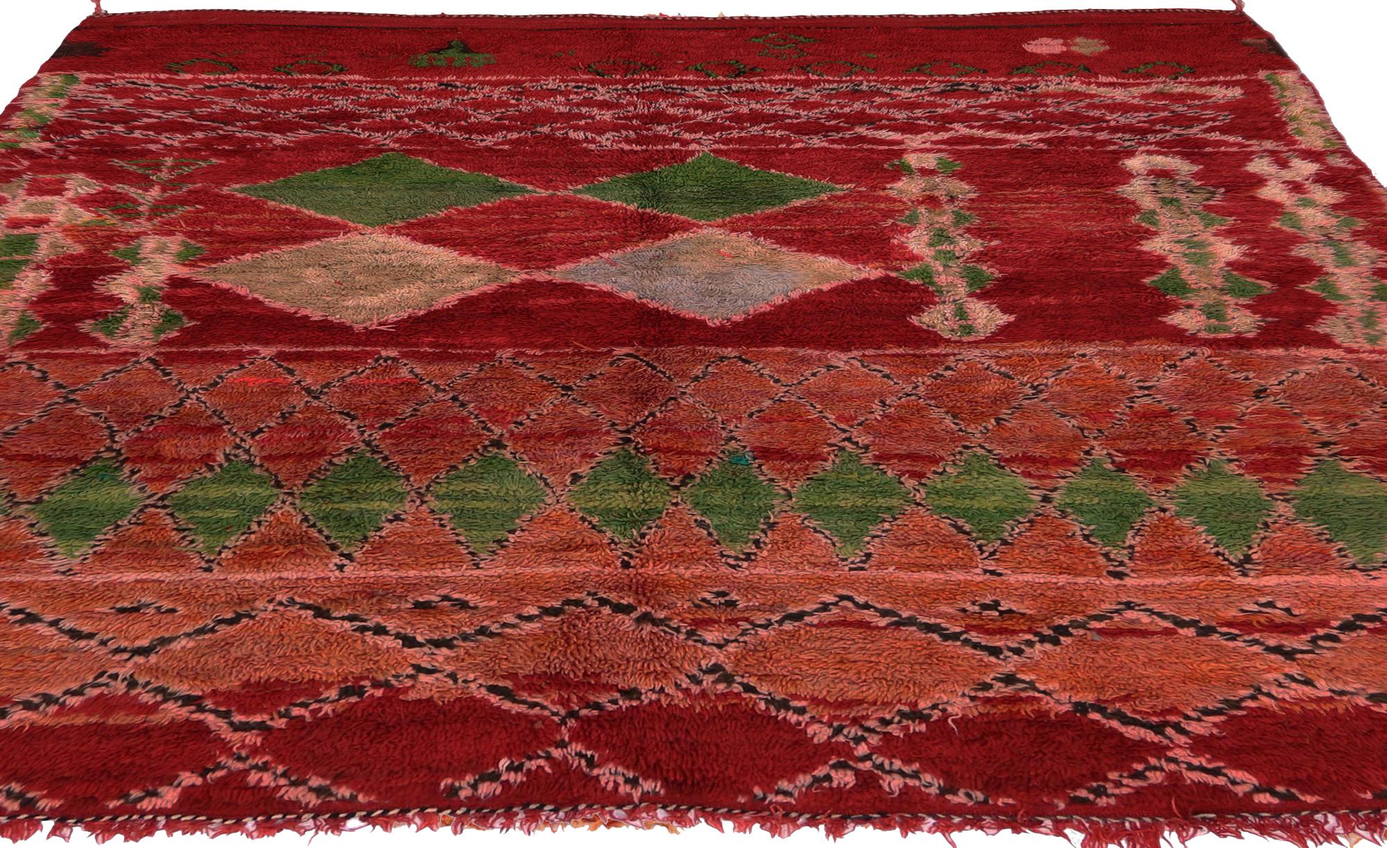 74771, vintage Berber Moroccan rug with Tribal style, red Shaggy square rug. This hand knotted wool vintage Berber Moroccan rug beautifully showcases a tribal style in vibrant colors. It features five rows of different tribal designs composed of