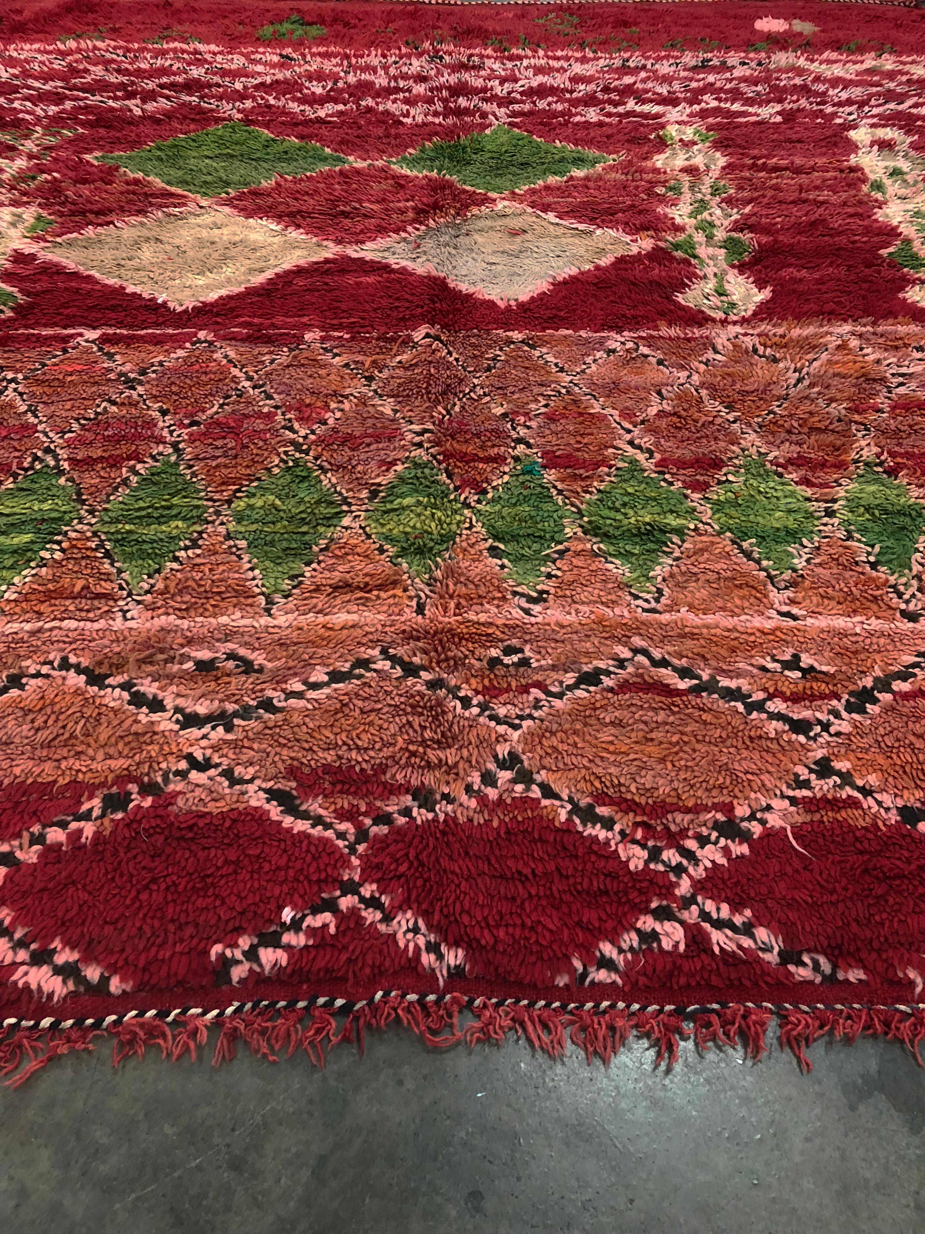 Vintage Berber Moroccan Rug with Tribal Style, Red Shaggy Square Rug In Good Condition For Sale In Dallas, TX