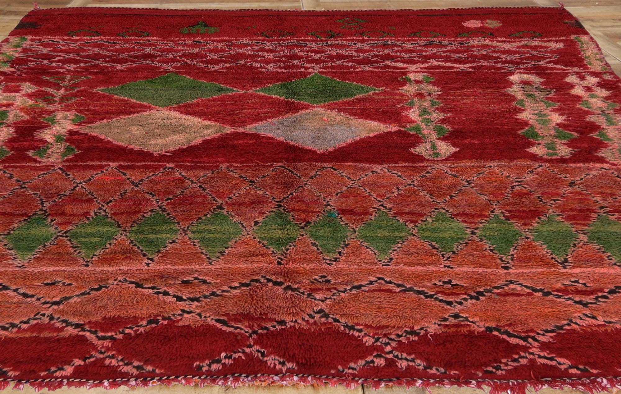 Wool Vintage Berber Moroccan Rug with Tribal Style, Red Shaggy Square Rug For Sale