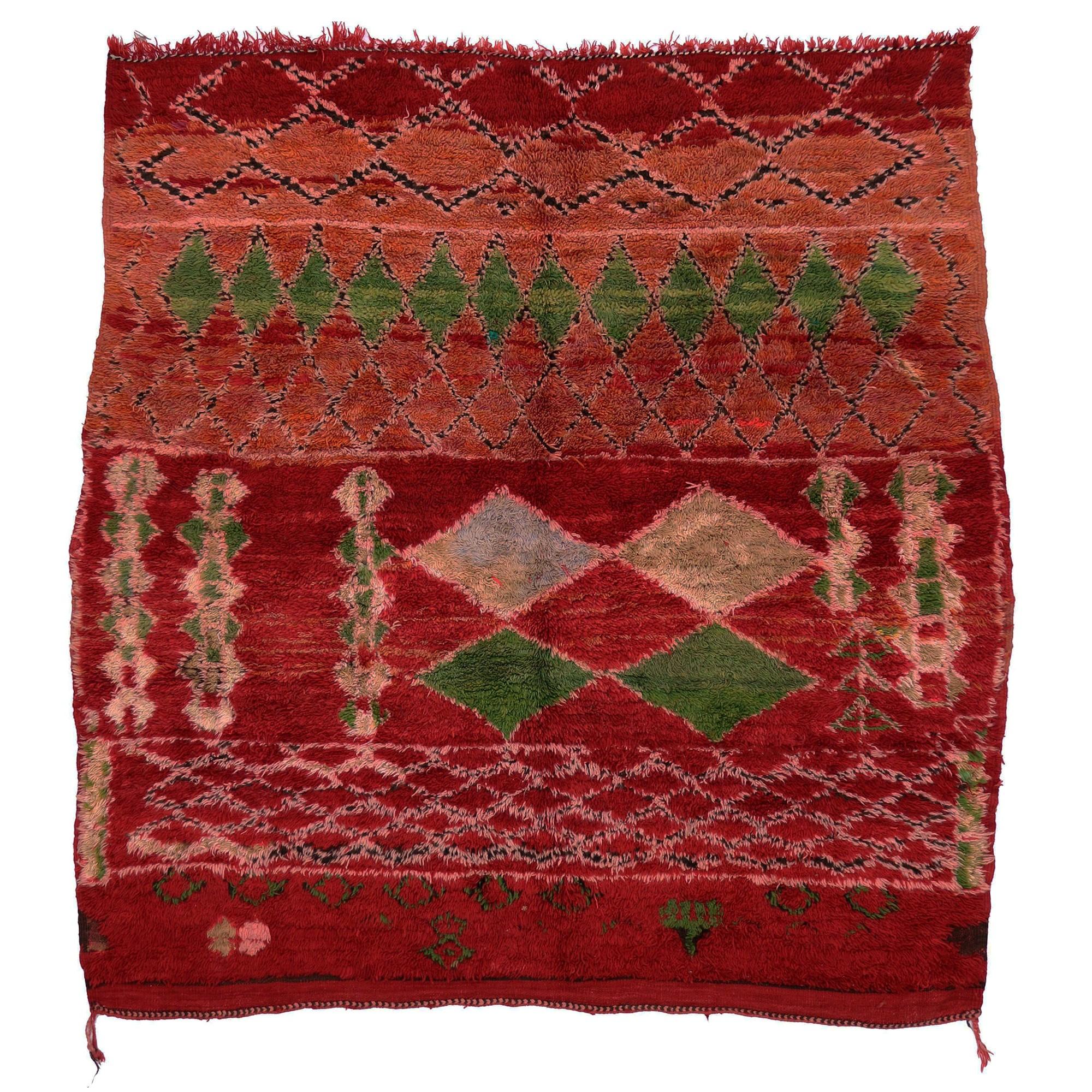 Vintage Berber Moroccan Rug with Tribal Style, Red Shaggy Square Rug For Sale