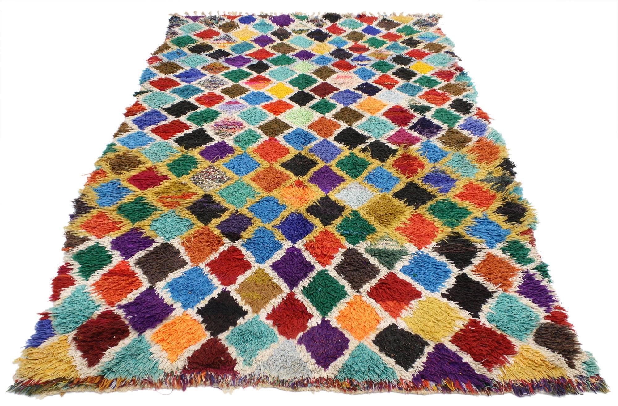 Hand-Knotted Vintage Berber Moroccan Runner with Diamond Pattern, Shag Hallway Runner