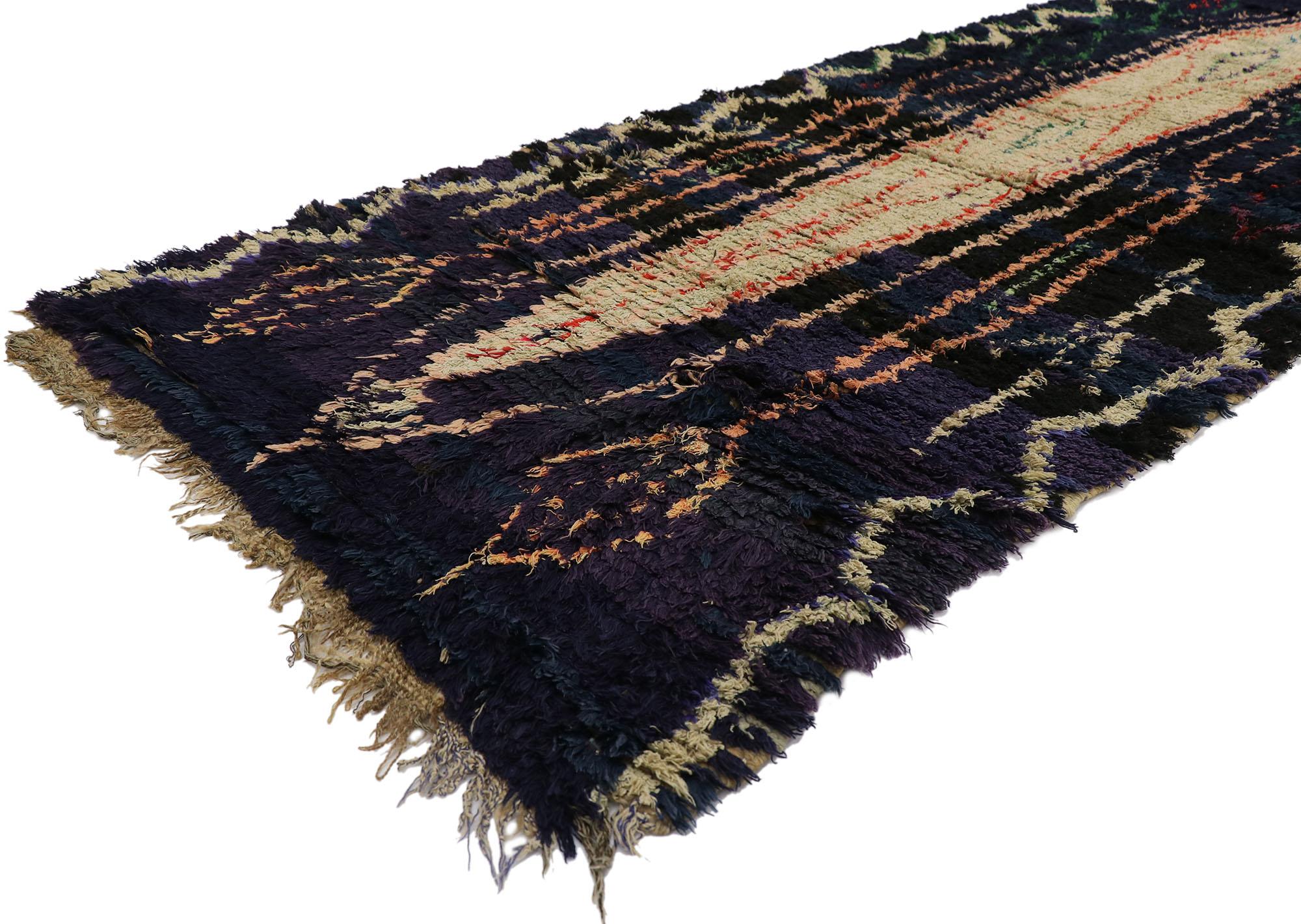 21658 Vintage Berber Moroccan runner with tribal style 03'01 x 08'08. Showcasing an expressive tribal design, incredible detail and texture, this hand knotted wool vintage Berber Moroccan runner is a captivating vision of woven beauty. The abrashed