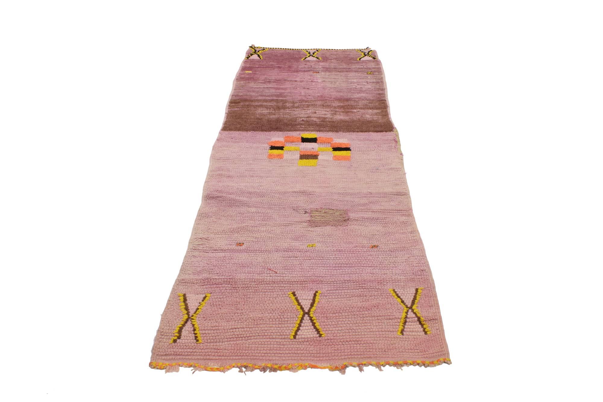20482, vintage Berber Moroccan runner. Conjure the tribal feeling of Moroccan spirit in this Vintage Berber Moroccan runner. Beautiful shades of primrose and pink are woven into this piece, working together to create a truly vibrant and life-giving