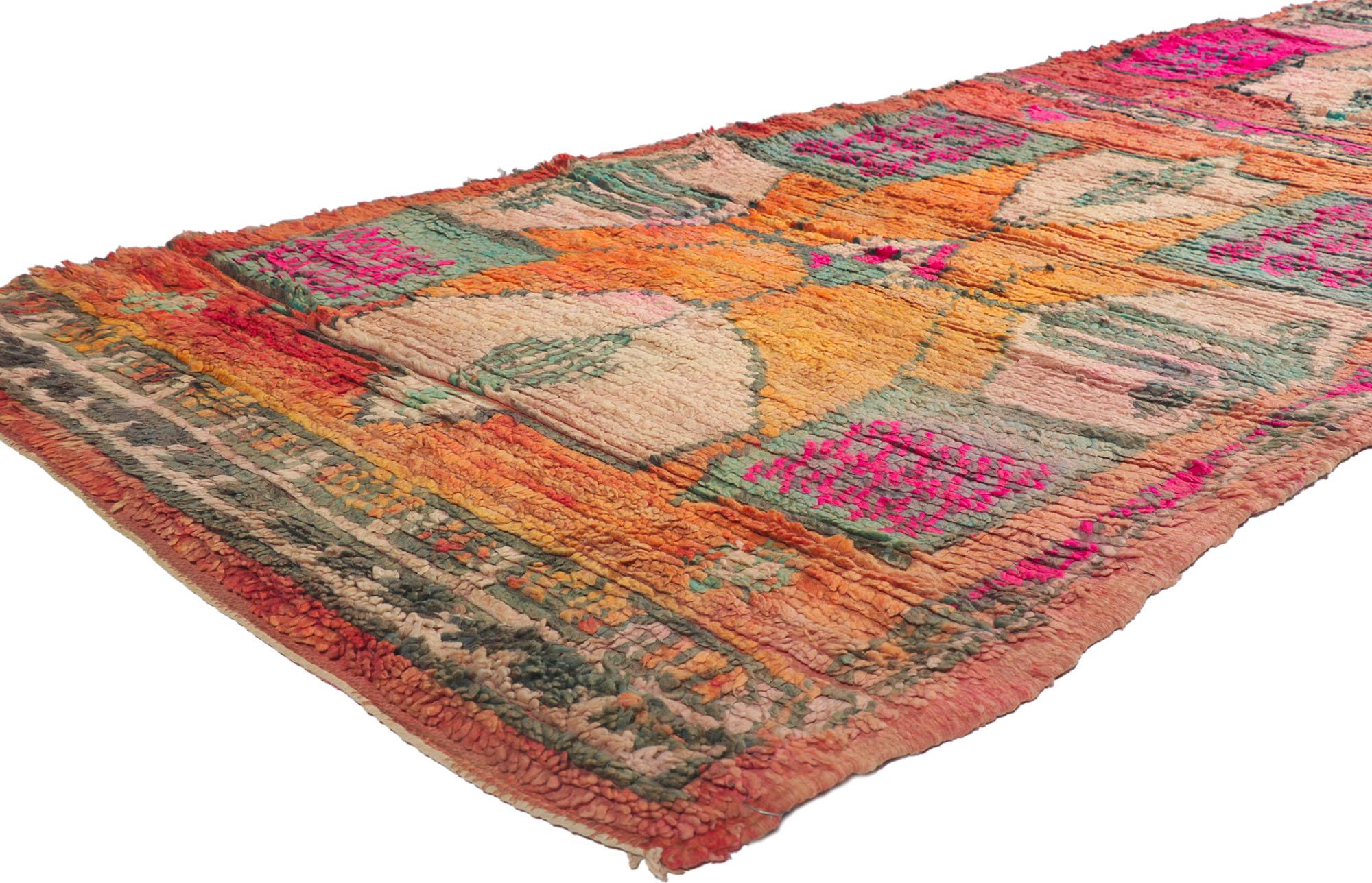 21465 vintage Berber Moroccan Runner with Bohemian Tribal style 03'08 x 14'10. Showcasing an expressive design, incredible detail and texture, this hand knotted wool contemporary Berber Moroccan runner is a captivating vision of woven beauty. The