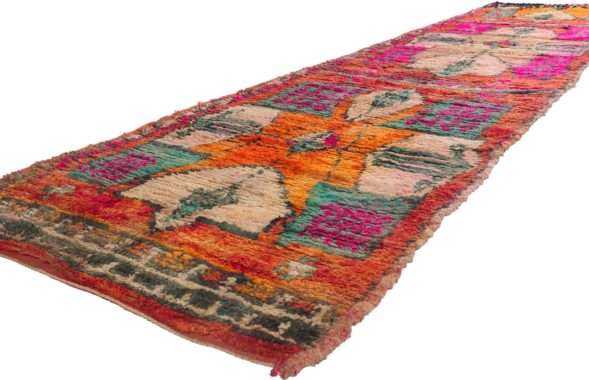 21466 Vintage Berber Moroccan Runner with Bohemian Tribal Style 03'09 x 15'00. Showcasing an expressive design, incredible detail and texture, this hand knotted wool contemporary Berber Moroccan runner is a captivating vision of woven beauty. The