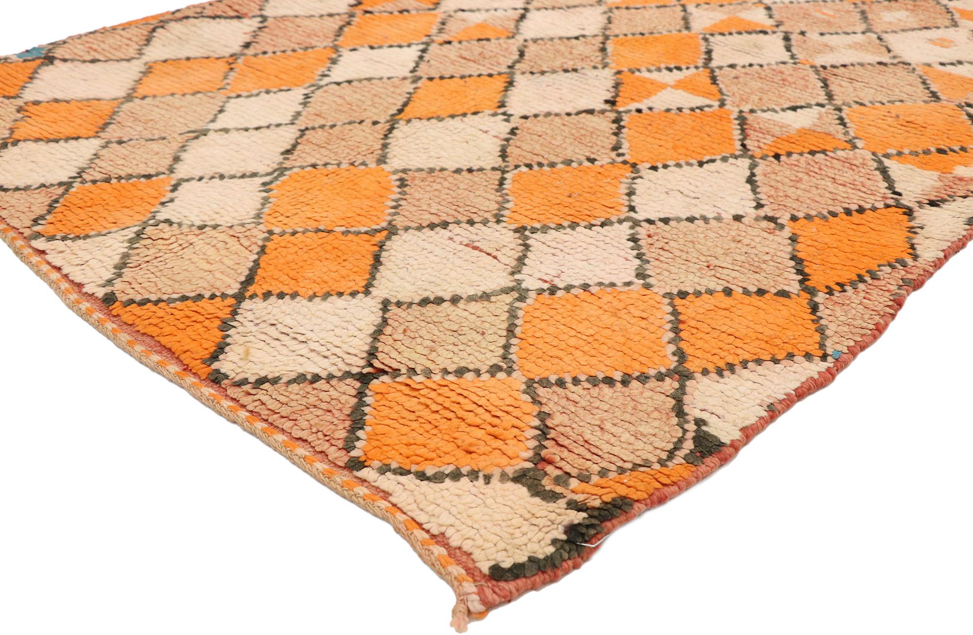 20257, vintage Berber Moroccan Runner with Mid-Century Modern style, Shag Runner. This hand knotted wool vintage Berber Moroccan runner features an all-over diamond lozenge pattern and embodies true Mid-Century Modern style. Earthy and vibrant at