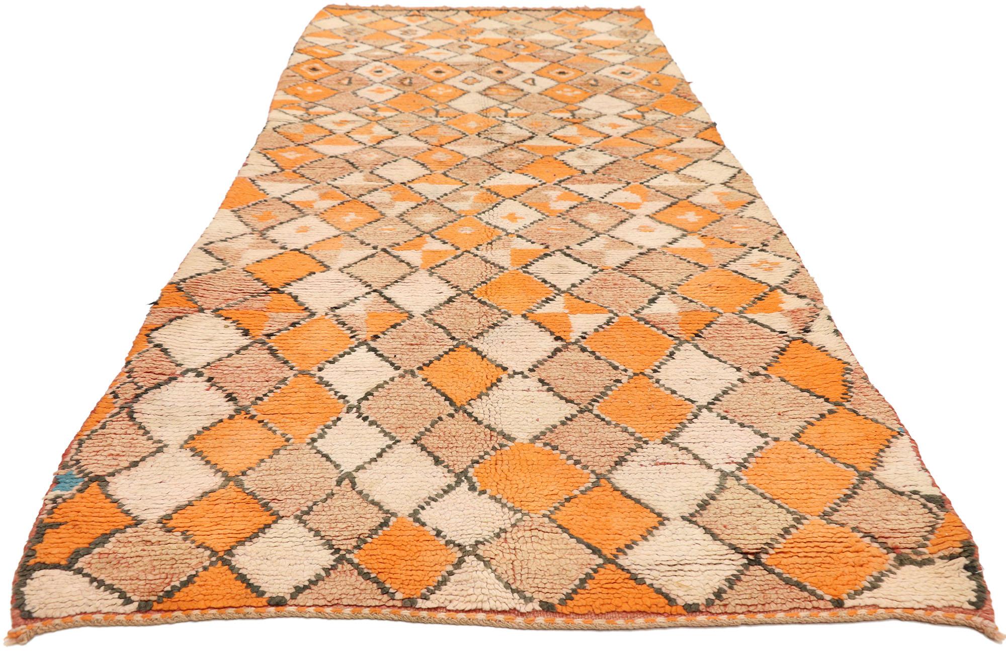 Hand-Knotted Vintage Berber Moroccan Runner with Mid-Century Modern Style, Shag Runner