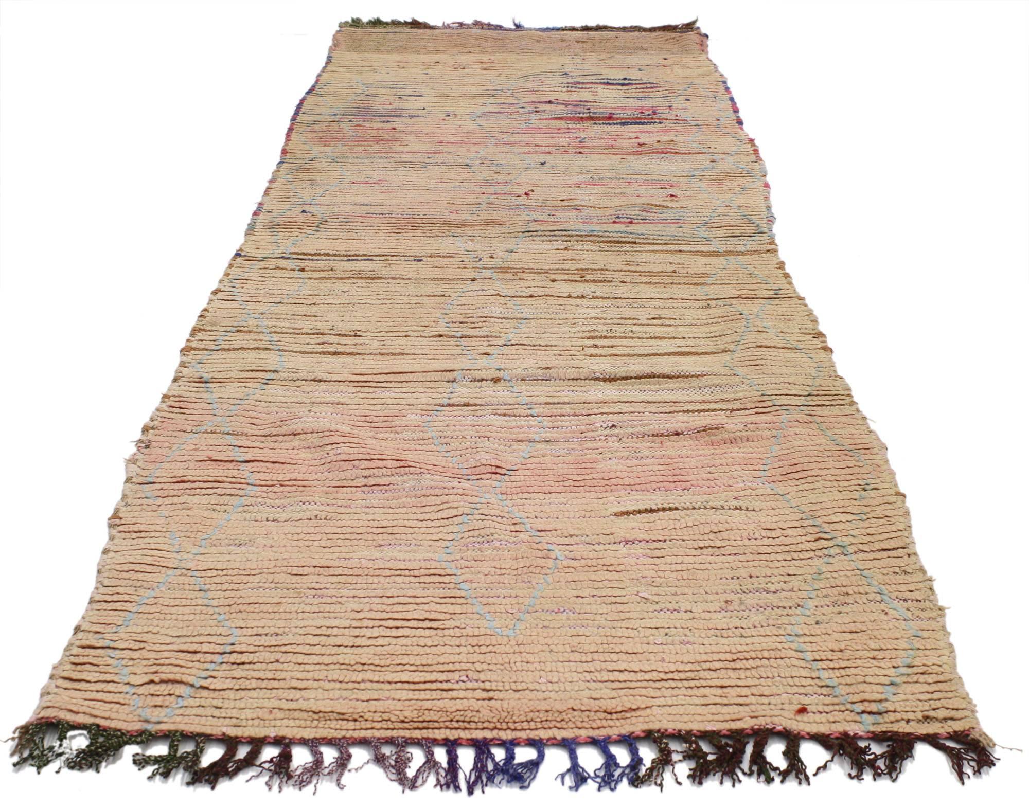 20606 Vintage Berber Moroccan Runner with Soft Pastel Colors and Hygge Style. This hand-knotted wool and cotton vintage Berber Moroccan runner features three subtle sky blue columns of stacked diamond lozenges on a backdrop of pastel striations. The