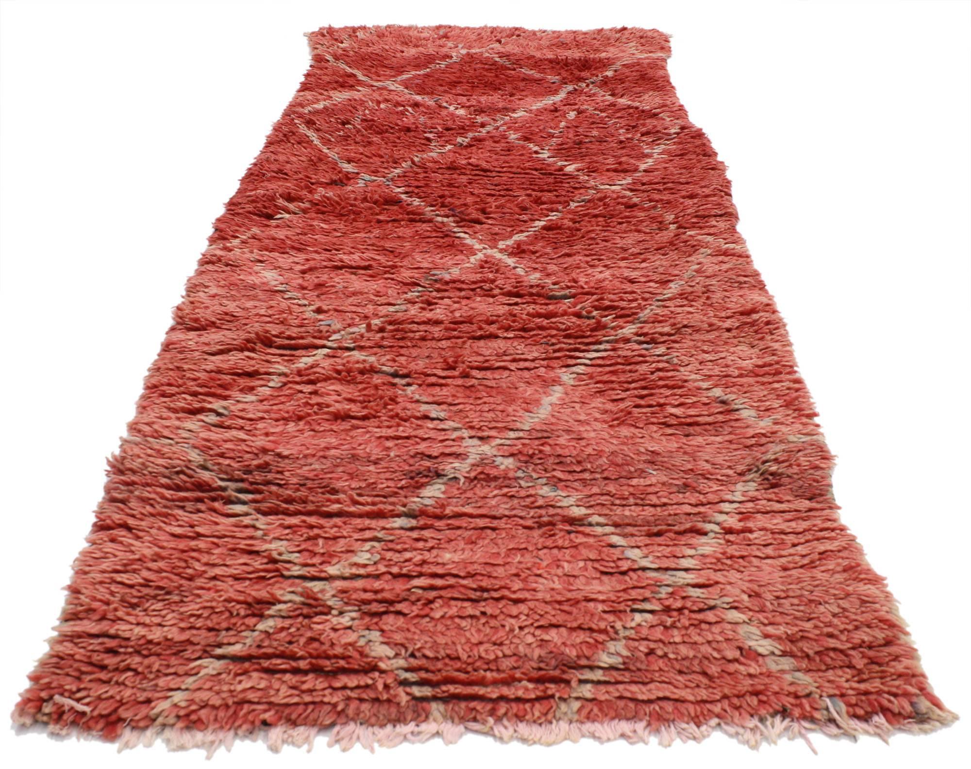 20th Century Vintage Berber Moroccan Runner with Tribal Style, Red Shag Hallway Runner