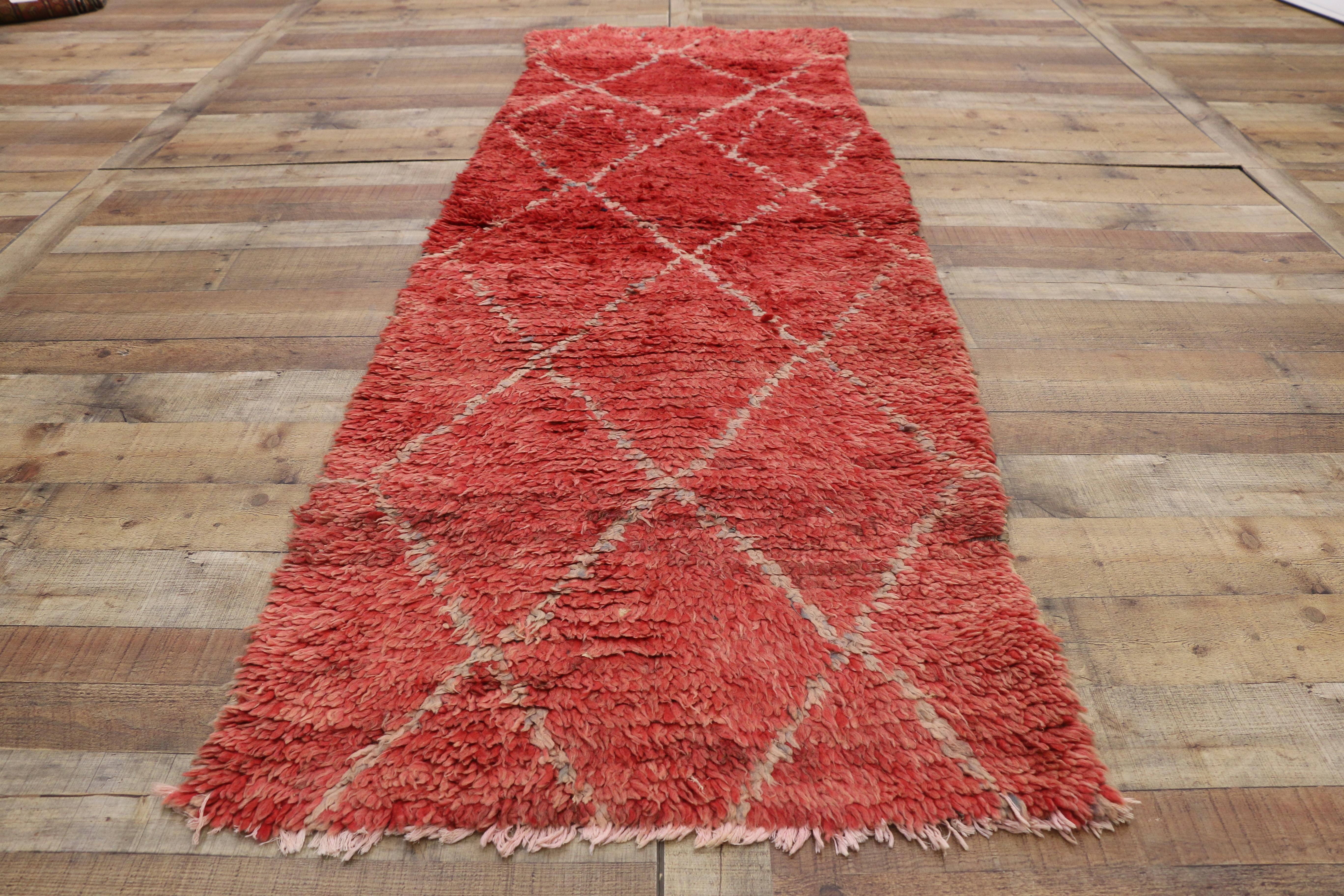 Hand-Knotted Vintage Berber Moroccan Runner with Tribal Style, Red Shag Hallway Runner