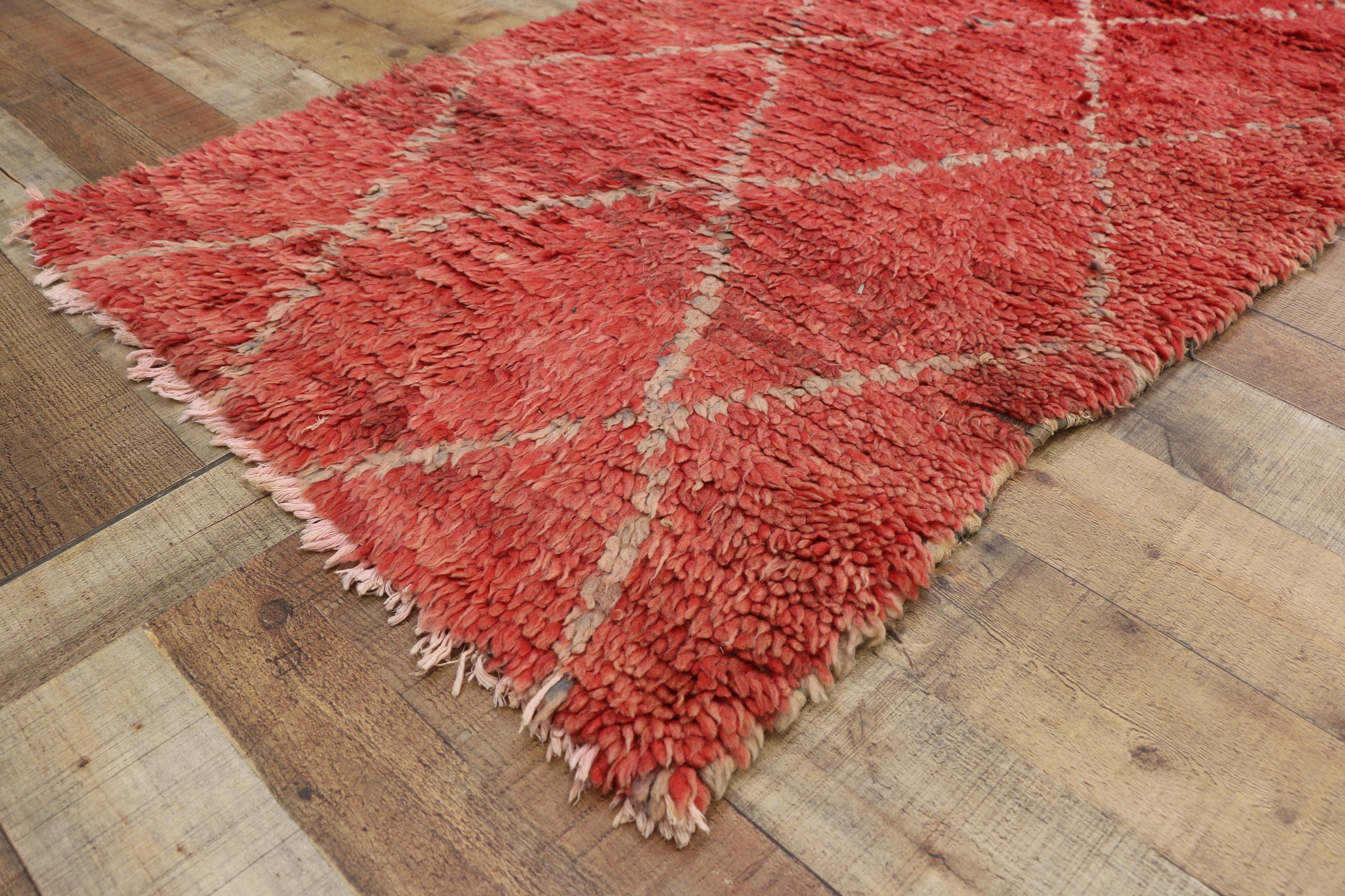 20607 Vintage Berber Moroccan Runner with Tribal Style, Red Shag Hallway Runner 02'10 x 08'03. This hand-knotted Vintage Berber Moroccan runner is distinguished by its beautiful mixed gradient of powerful crimson and flushed coral which provide the