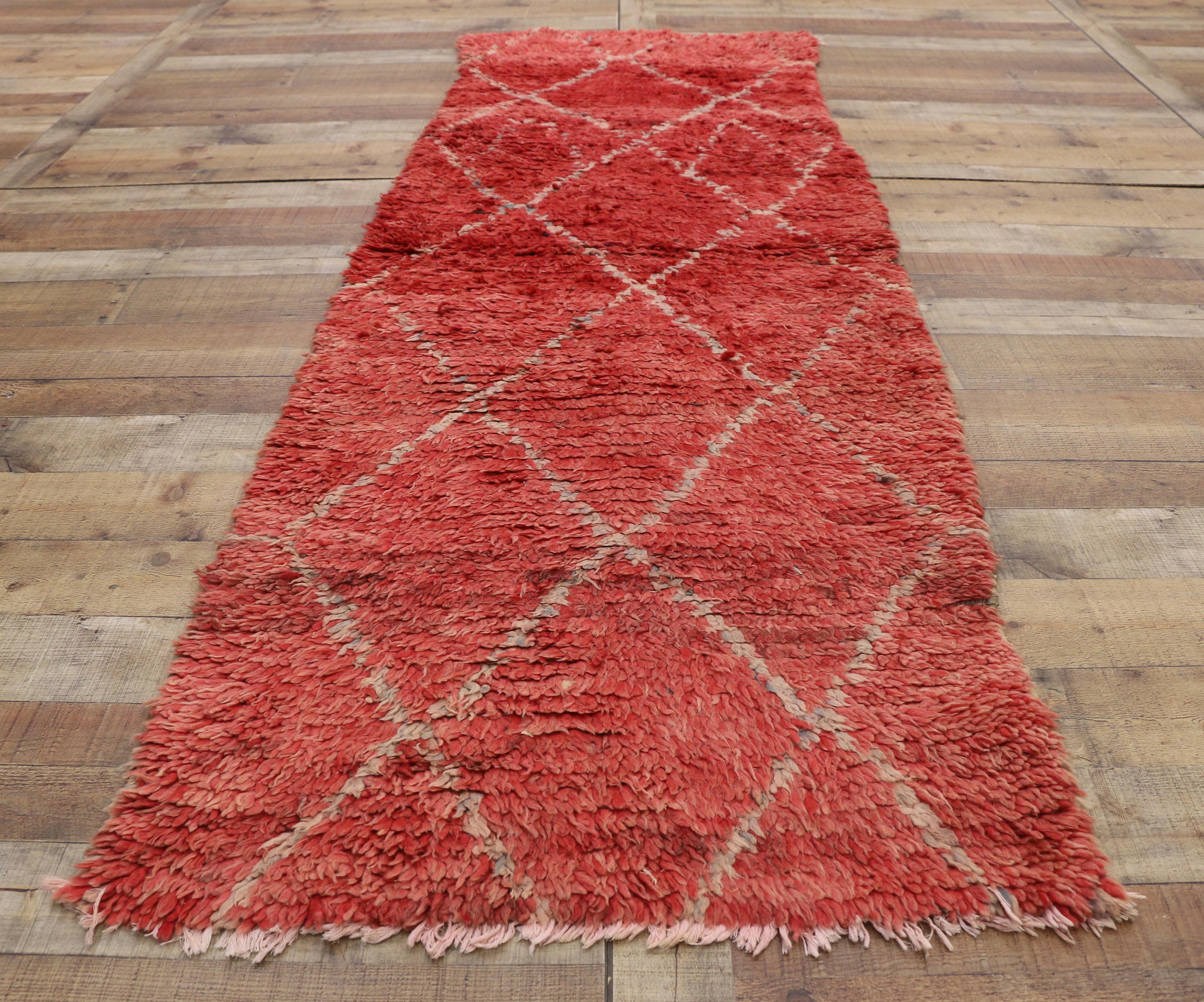 Vintage Berber Moroccan Runner with Tribal Style, Red Shag Hallway Runner 2