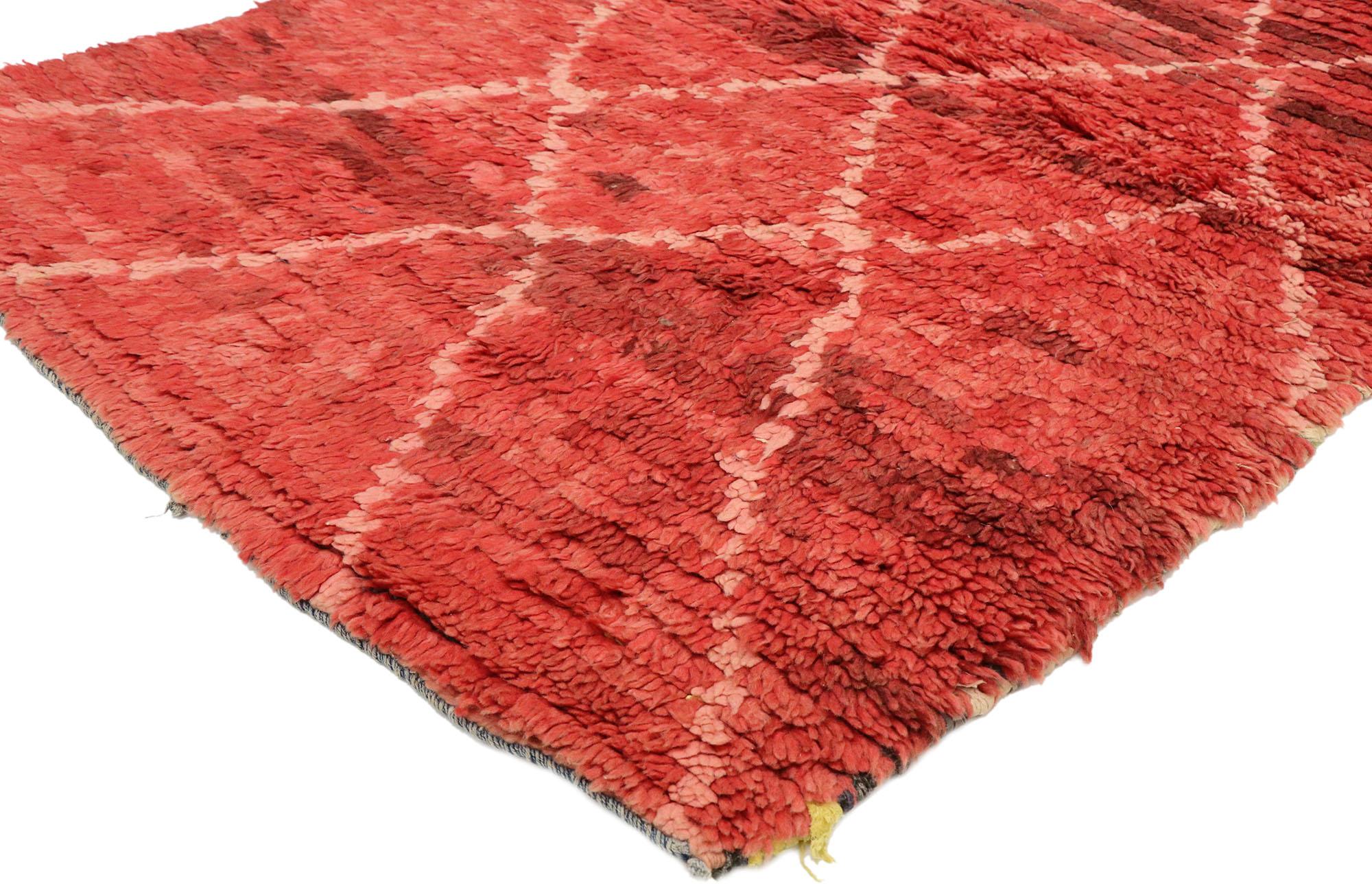 20614, vintage Berber Moroccan runner with tribal style. This hand knotted vintage Berber Moroccan runner stands out among other pieces. It is impossible for the eye to pass up the impassioned red that gives this piece life. Various hues of red,