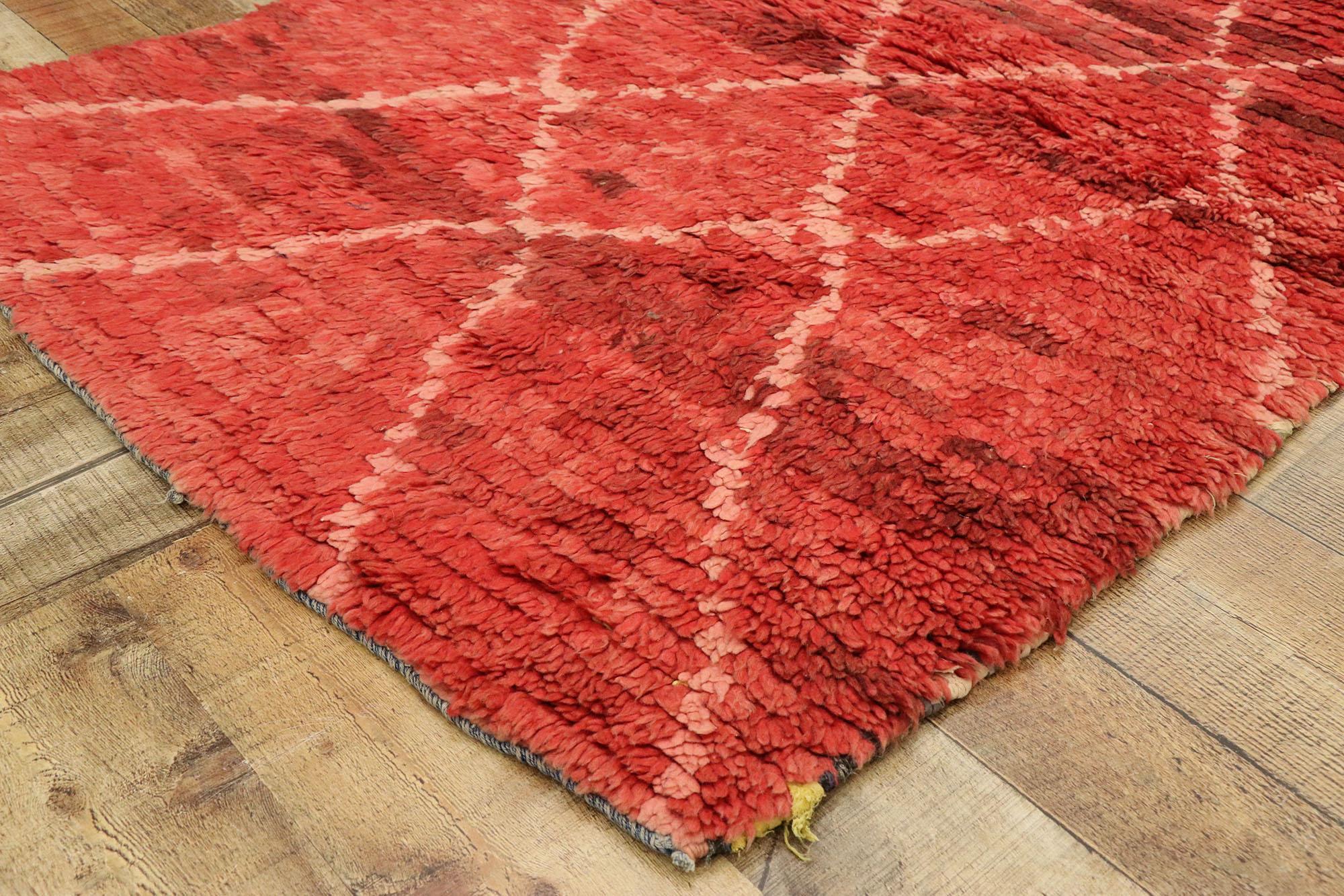 Vintage Berber Moroccan Runner with Tribal Style, Red Shag Hallway Runner In Good Condition In Dallas, TX