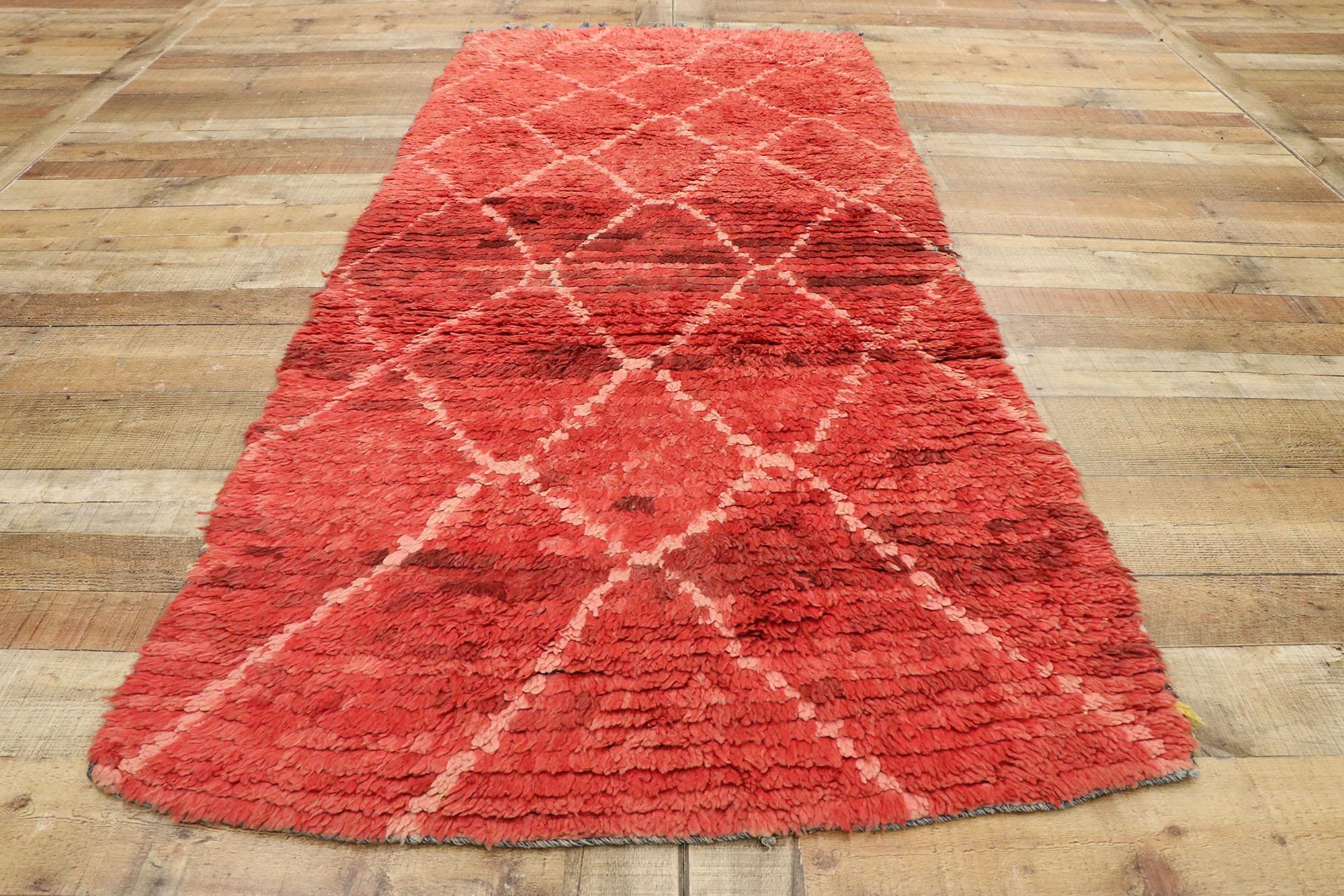 20th Century Vintage Berber Moroccan Runner with Tribal Style, Red Shag Hallway Runner