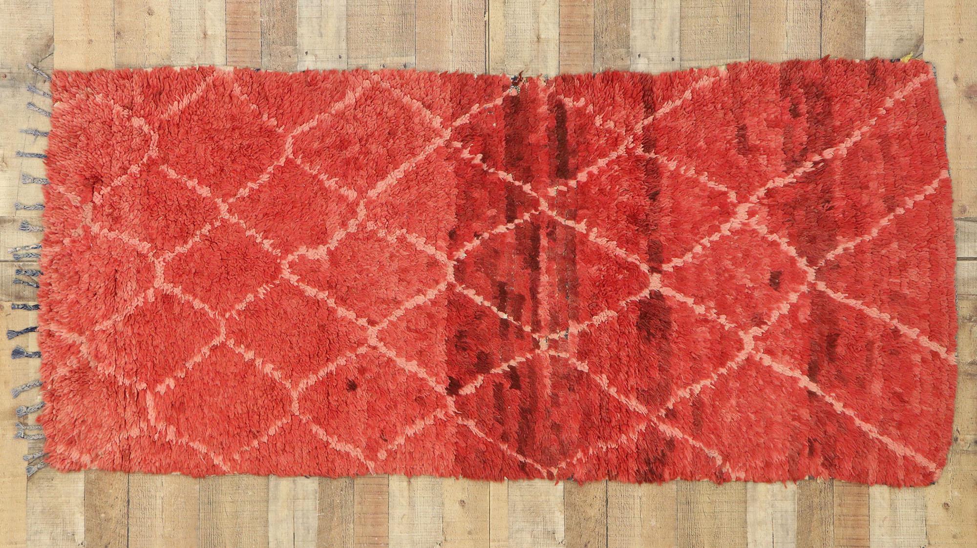 Wool Vintage Berber Moroccan Runner with Tribal Style, Red Shag Hallway Runner