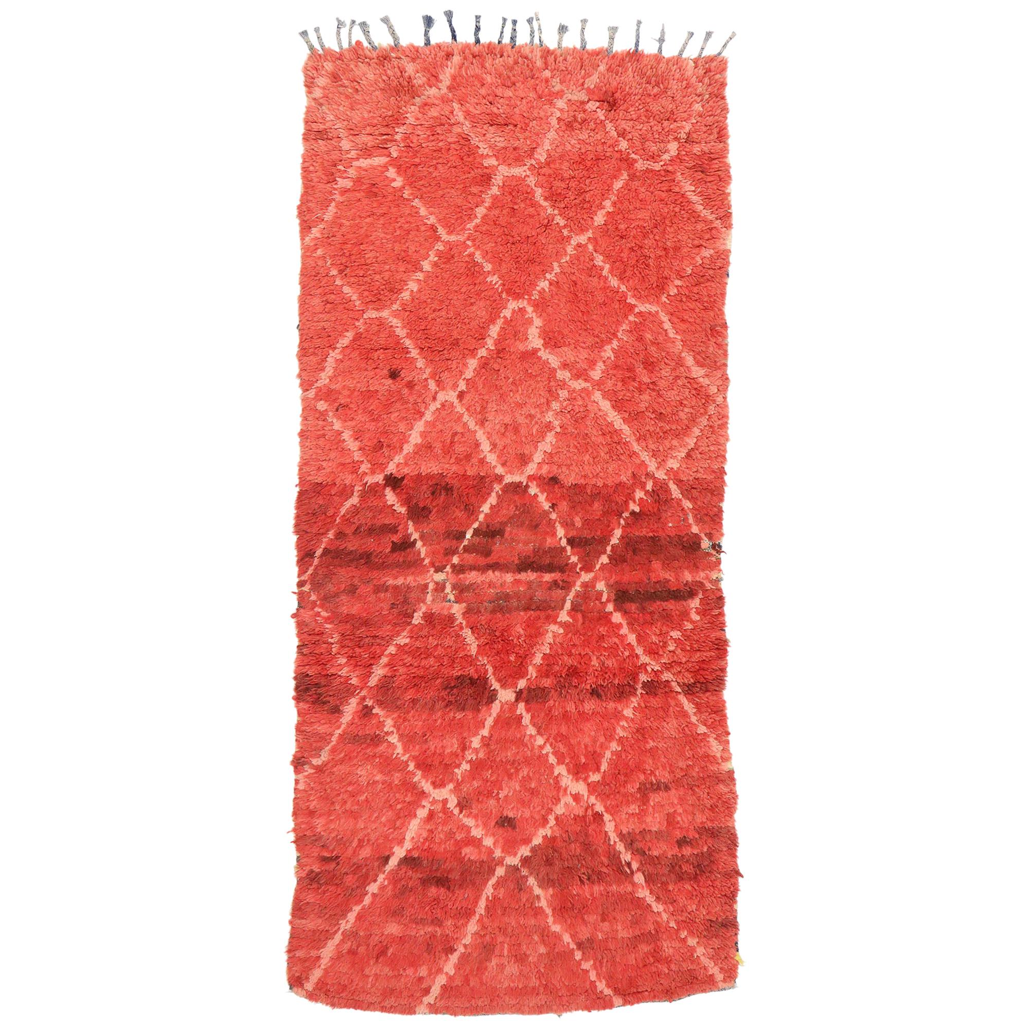 Vintage Berber Moroccan Runner with Tribal Style, Red Shag Hallway Runner