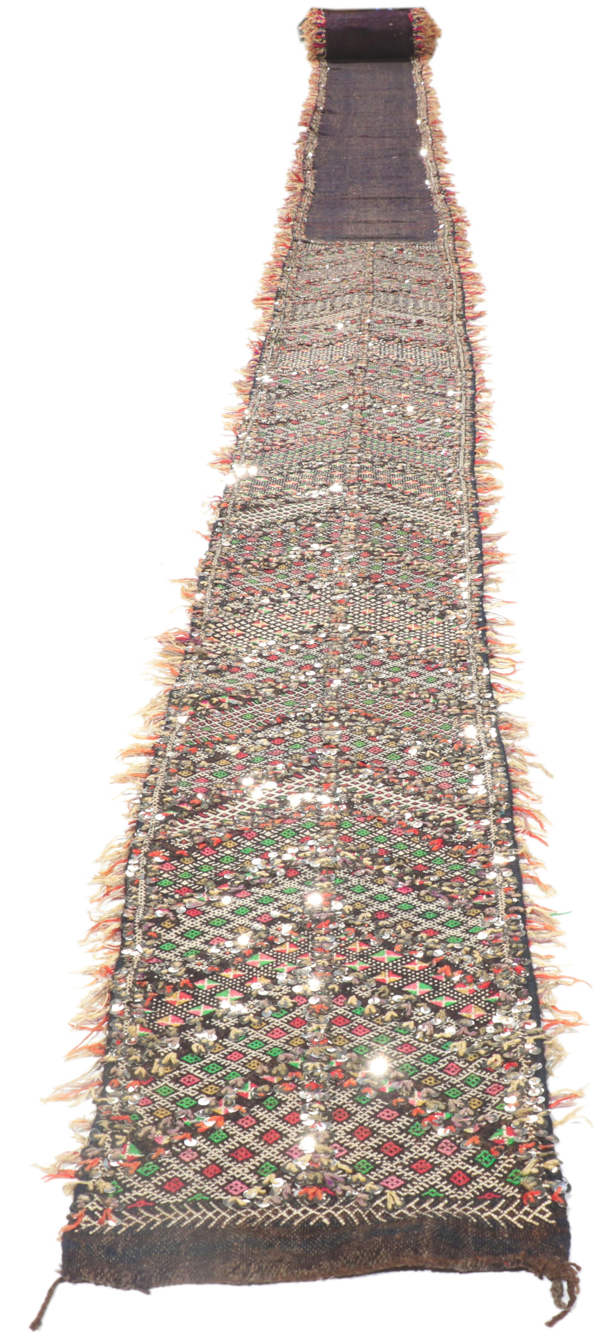 21193 Vintage Moroccan Sequined Kilim Rug - Wedding Aisle Runner. Full of tiny details and embellished with sequins combined with boho chic tribal style, this hand-woven wool vintage Berber Moroccan kilim rug is a captivating vision of woven beauty.