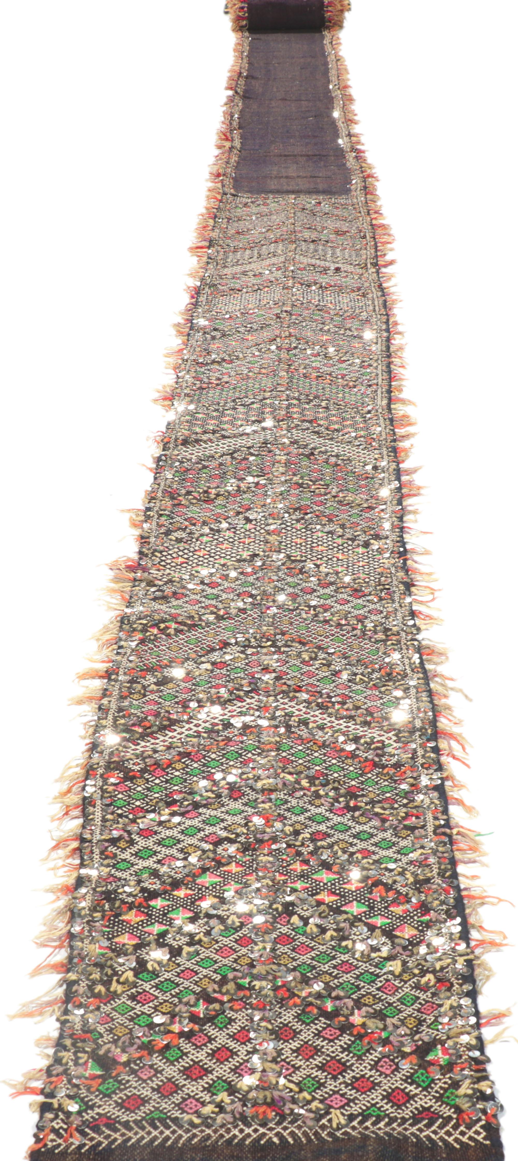 Bohemian Vintage Berber Moroccan Sequined Kilim Rug - Wedding Aisle Runner For Sale