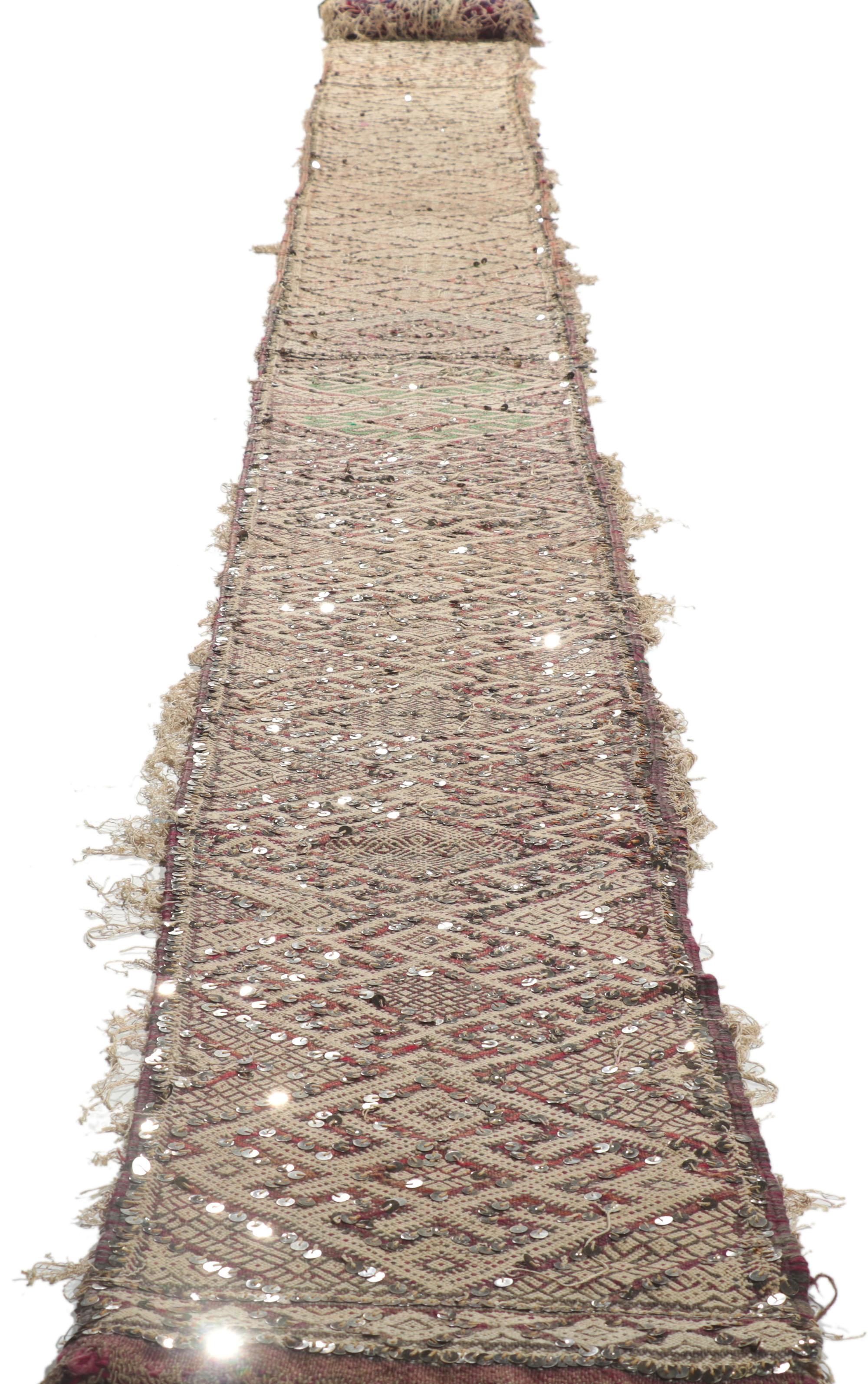 Bohemian Vintage Berber Moroccan Sequined Kilim Rug, Wedding Aisle Runner For Sale