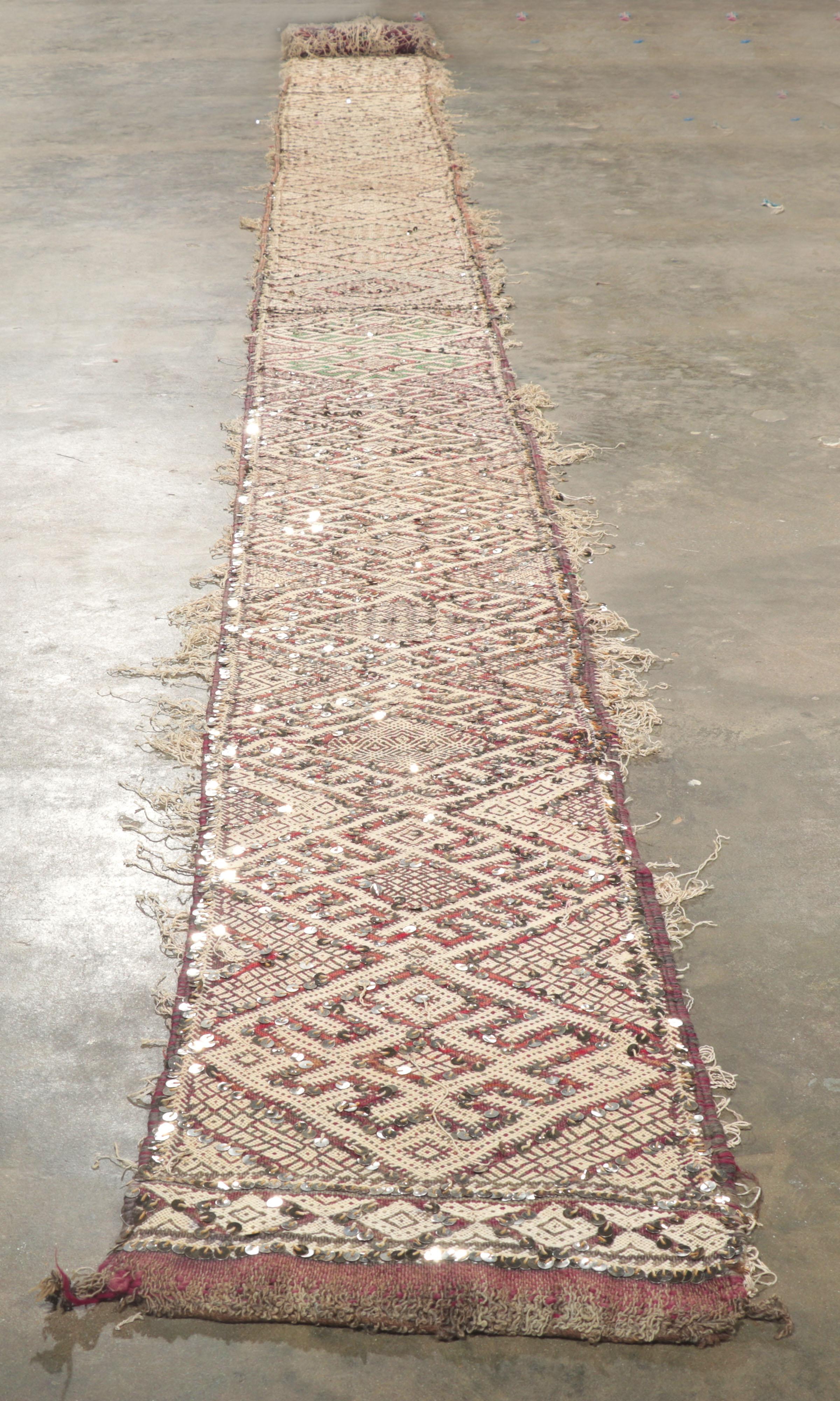 Wool Vintage Berber Moroccan Sequined Kilim Rug, Wedding Aisle Runner For Sale