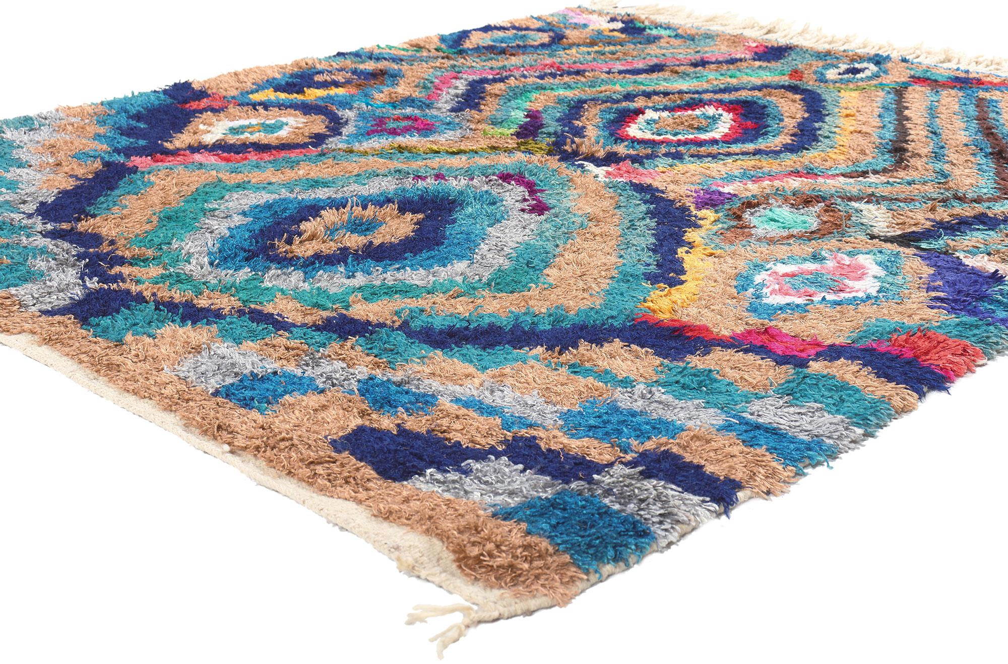 20449 Vintage Colorful Silk Moroccan Beni Mrirt Rug, 05'00 x 06'02. Embark on a captivating journey through the corridors of contemporary elegance with each step upon this hand-knotted silk vintage Moroccan Beni Mrirt rug, hailing from the Mrirt