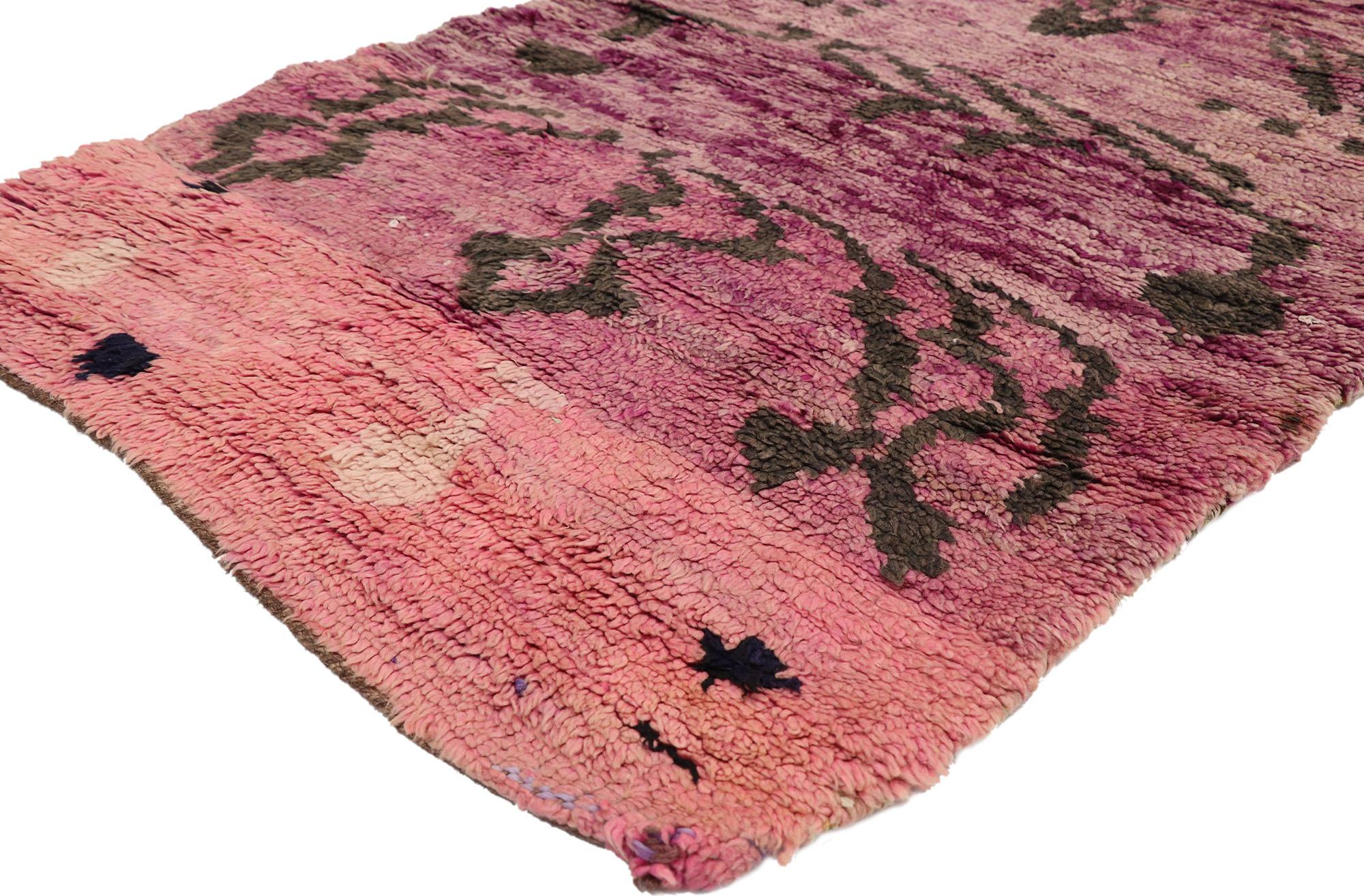 21002, vintage Berber Moroccan Talsint rug with Memphis design, Shag Hallway runner. Displaying asymmetrical spontaneity and gorgeous berry gradations with pink and plum colored striations, this hand knotted wool vintage Berber Moroccan runner