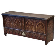 Vintage Berber Moroccan Trunk With Handpainted Arched Designwork, Signed