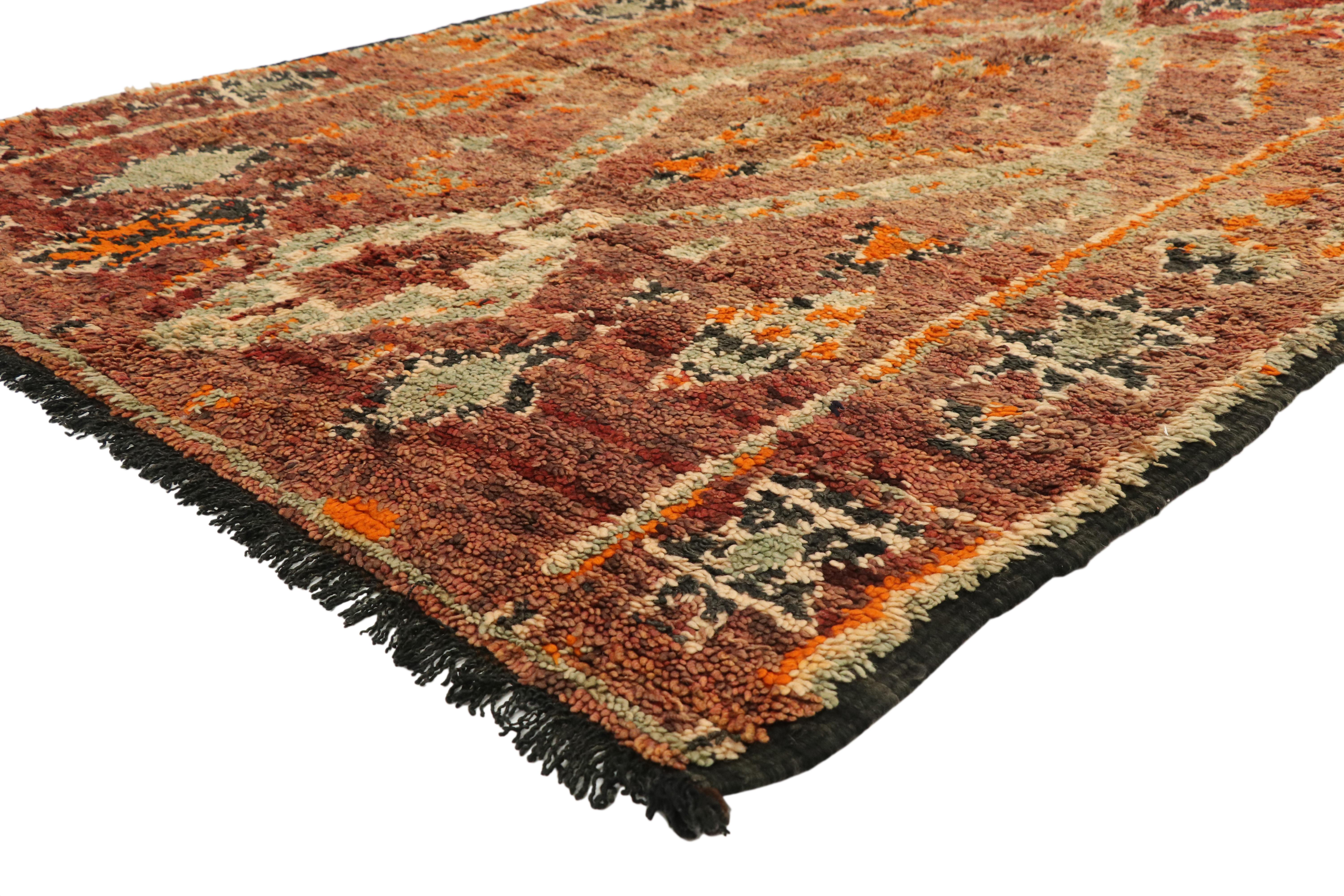 20316 Vintage Beni MGuild Moroccan Rug, 05'04 x 08'00. Beni M'Guild rugs, originating from the Beni M'Guild tribe nestled in the Middle Atlas Mountains of Morocco, embody a cherished tradition deeply woven into Berber culture. Handcrafted by skilled