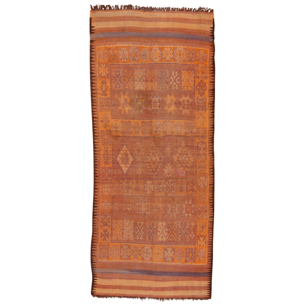 Vintage Berber Orange Moroccan Rug, Gallery Rug, Kilim Woven Ends For Sale