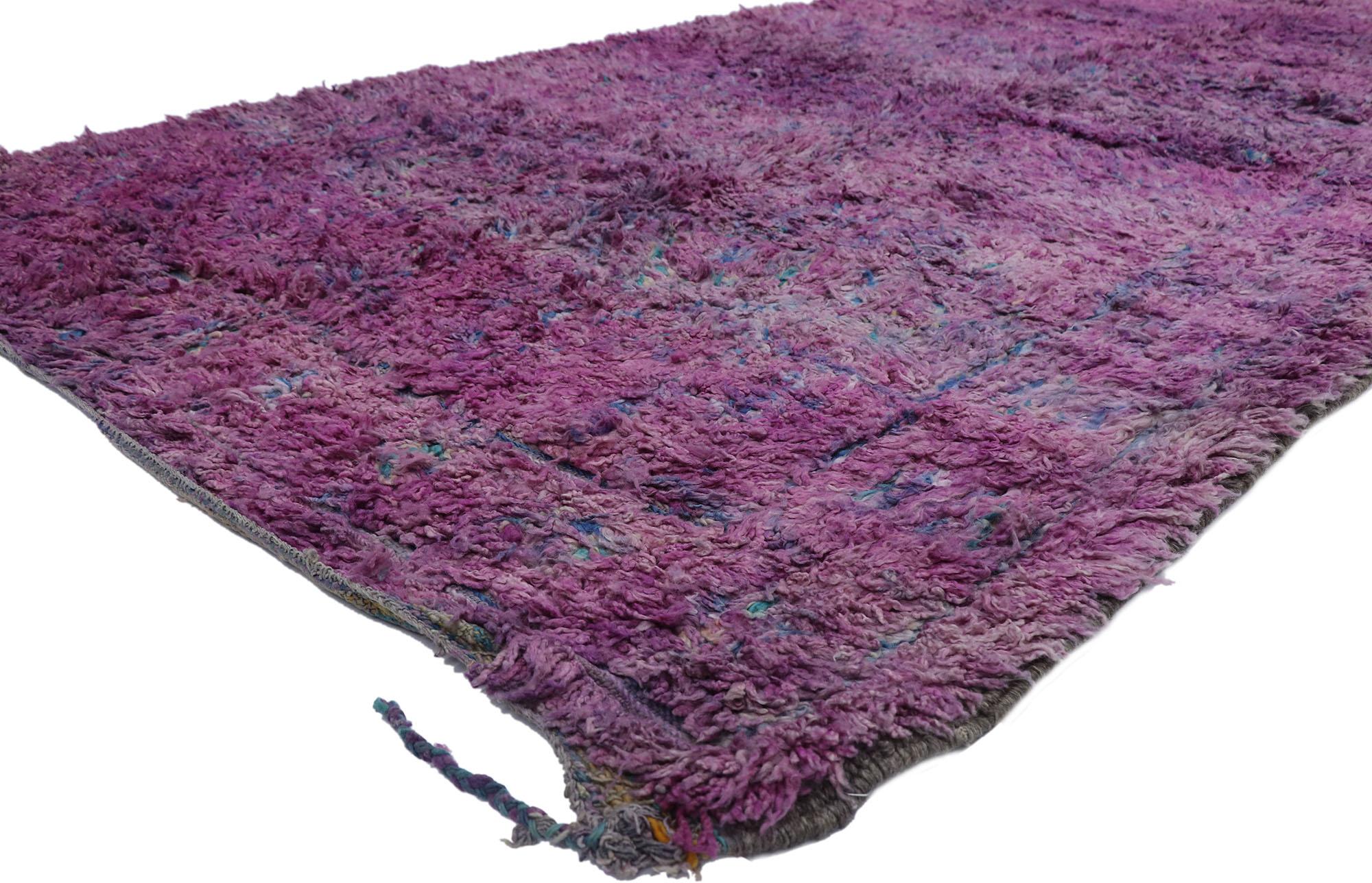 21503, vintage Berber Purple Beni M'Guild Moroccan rug with Bohemian style. Showcasing a bold expressive design, incredible detail and texture, this hand knotted wool vintage Berber Beni M'Guild Moroccan rug is a captivating vision of woven beauty.