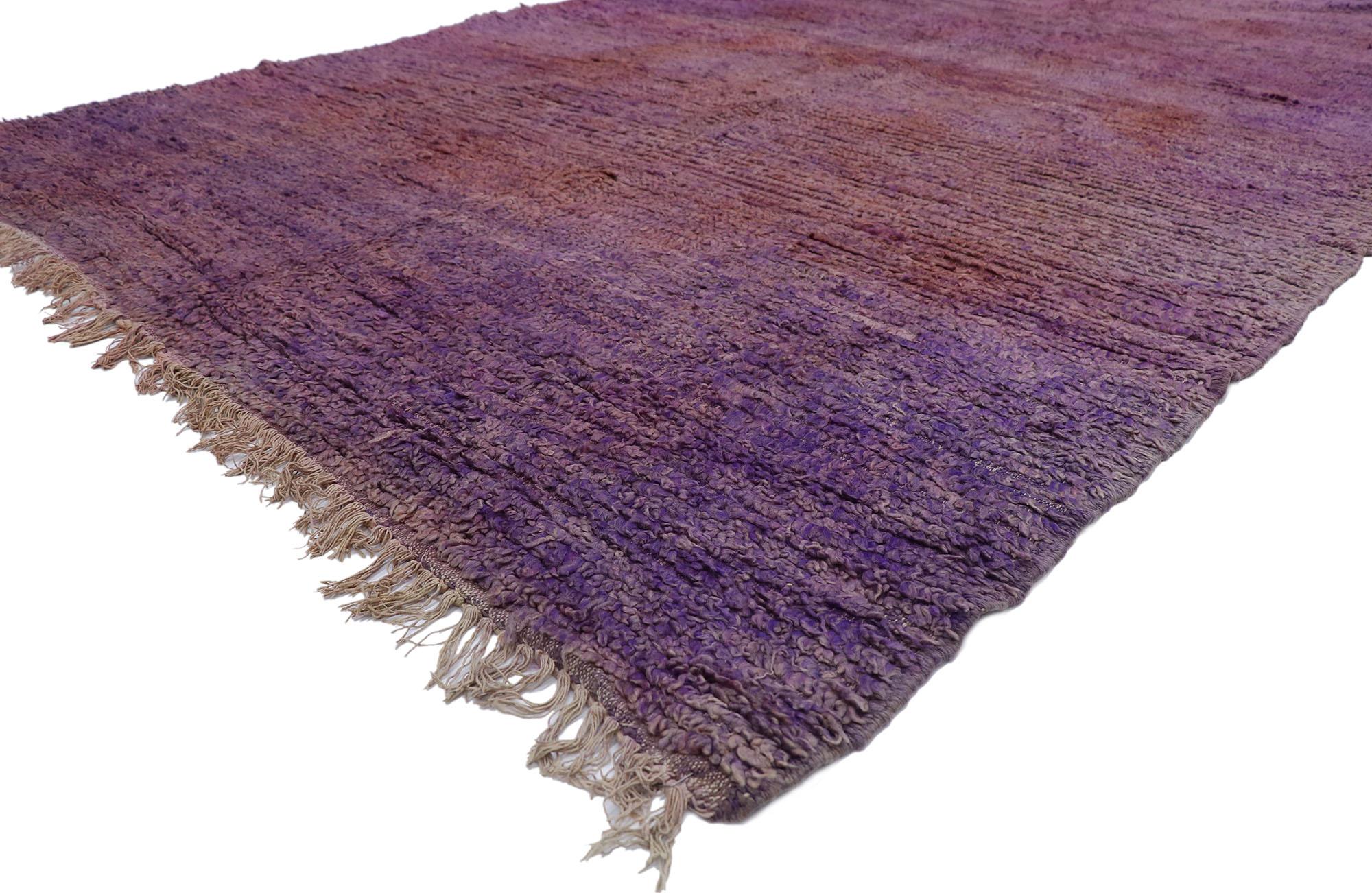 21478, vintage Berber Purple Beni Mrirt Moroccan rug with Bohemian style. With its simplicity, plush pile and Bohemian vibes, this hand knotted wool vintage Berber Beni Mrirt Moroccan rug is a captivating vision of woven beauty. Imbued with brick