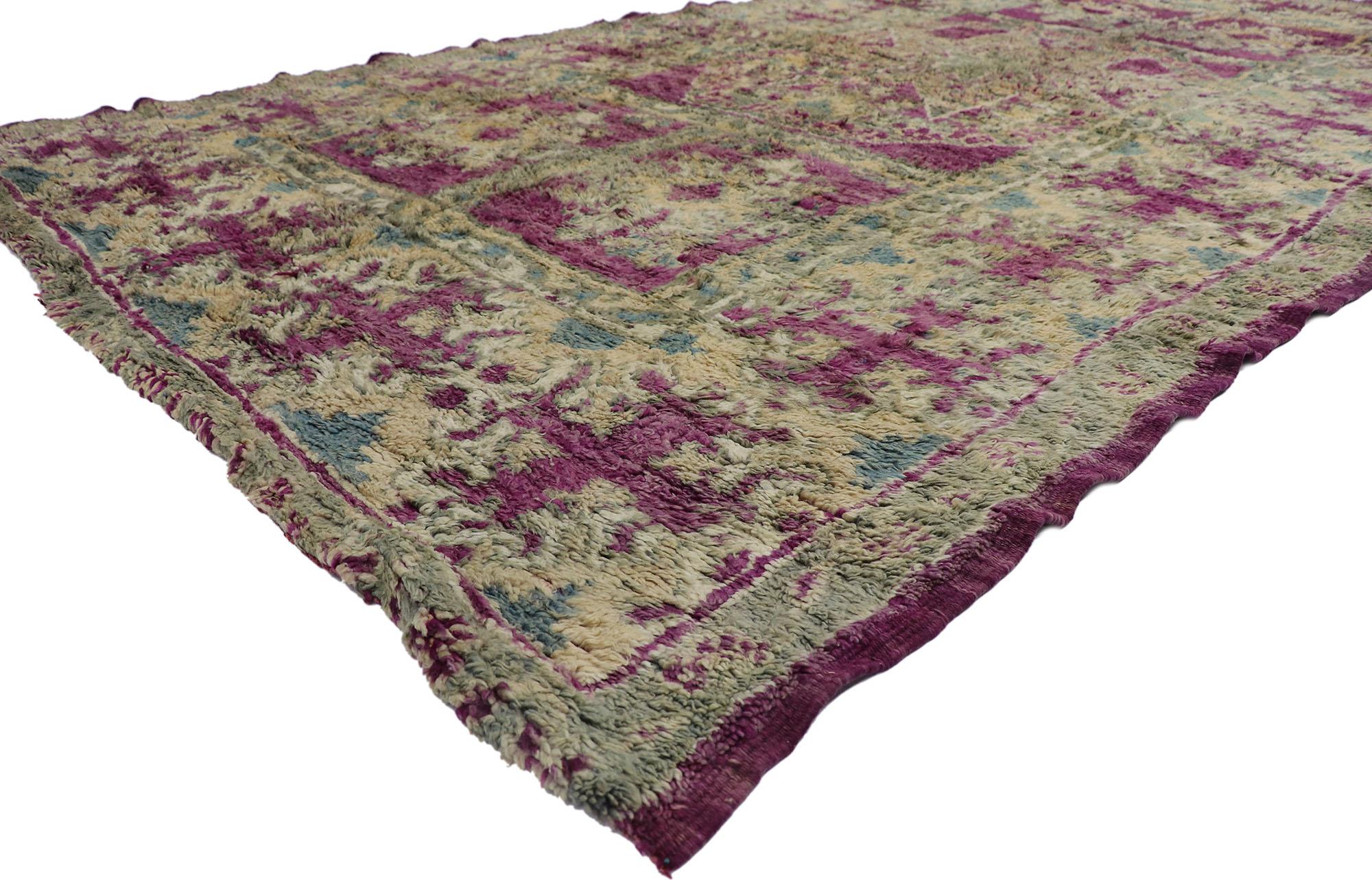 21480 Vintage Berber Purple Moroccan rug with Bohemian Style 07'01 x 12'06. Showcasing a bold expressive design, incredible detail and texture, this hand knotted wool vintage Berber Moroccan rug is a captivating vision of woven beauty. The
