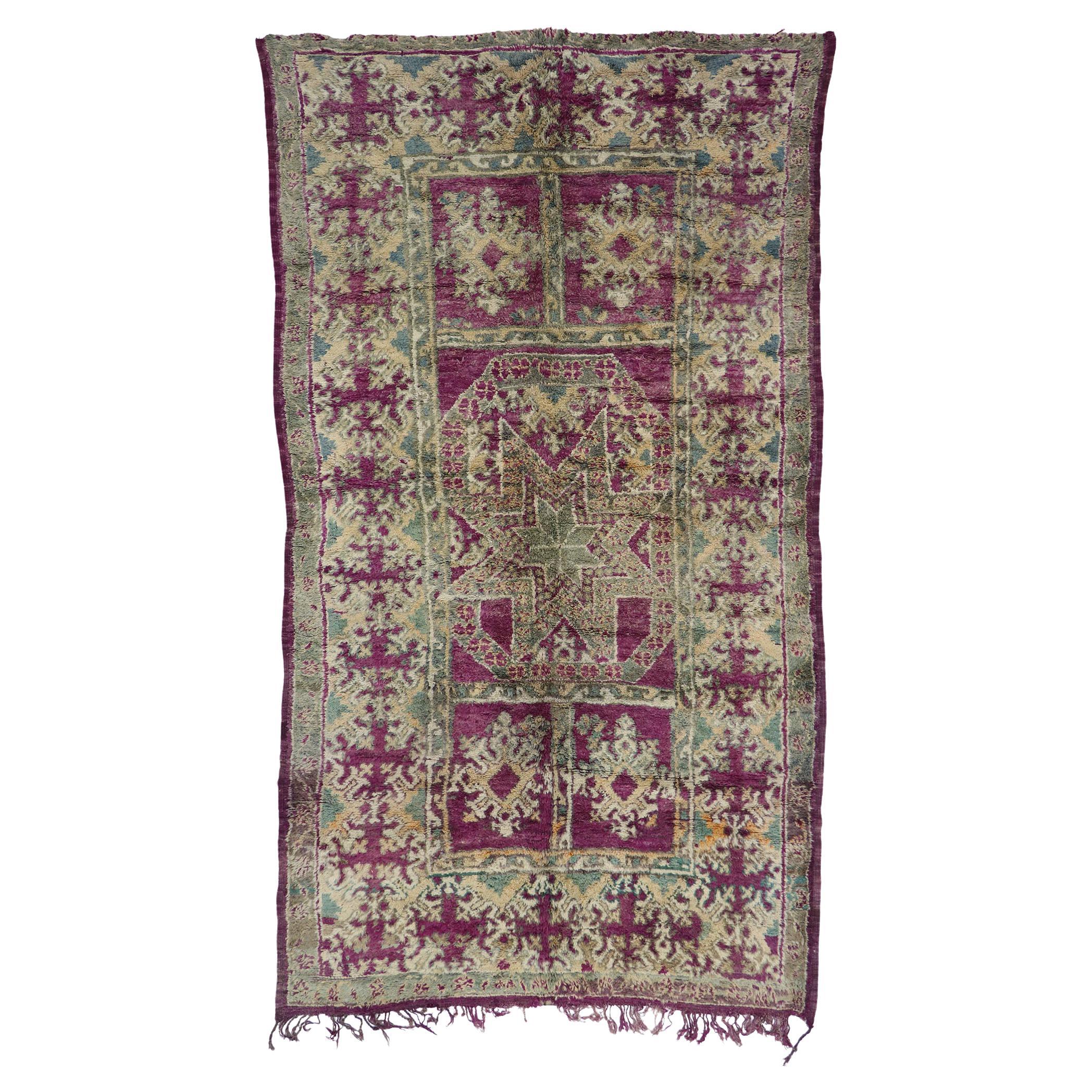 Vintage Berber Purple Boujad Moroccan Rug with Bohemian Style For Sale
