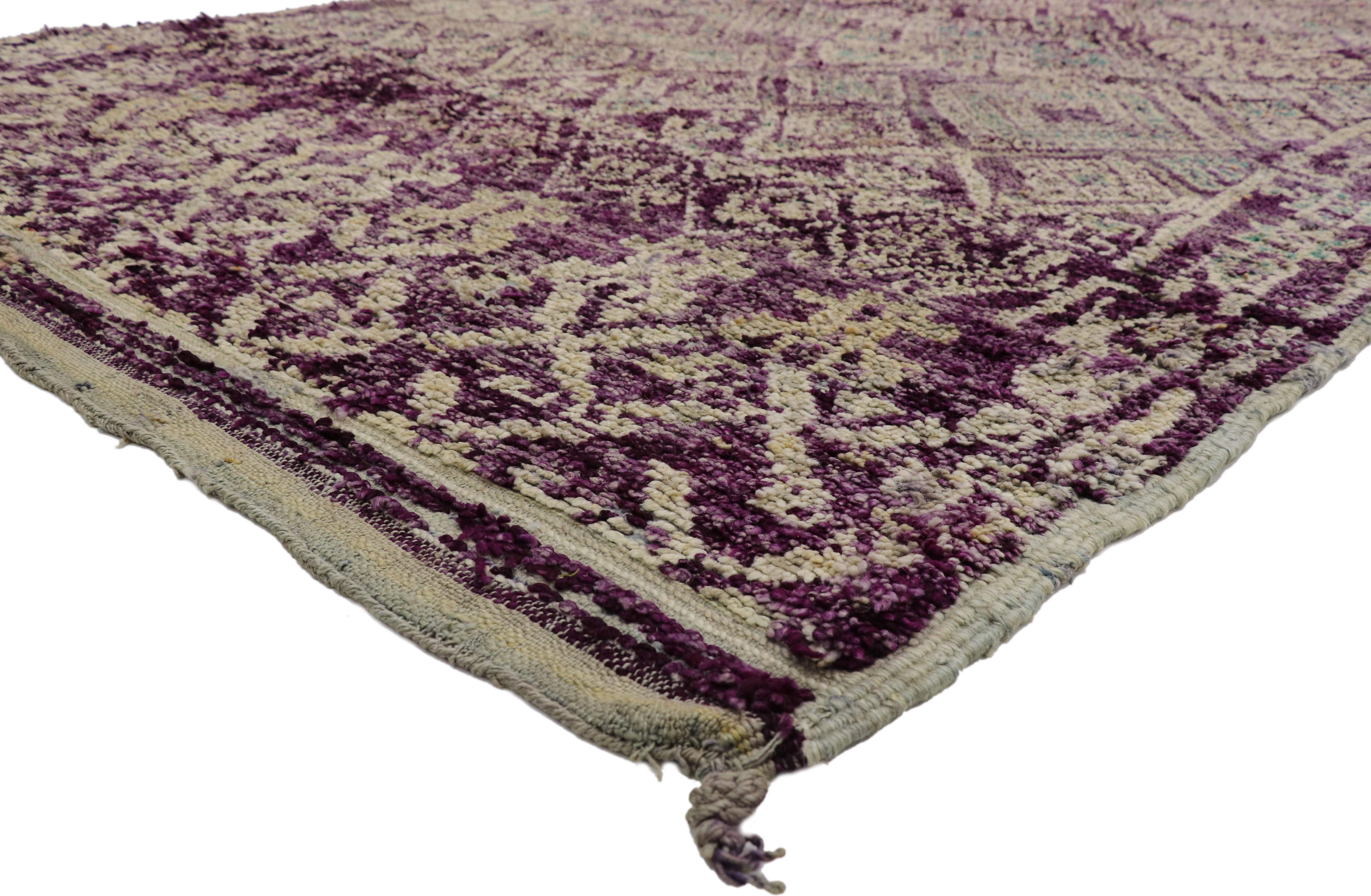 20901, vintage Berber purple Moroccan Mrirt rug with Tribal style 06'07 x 11'04. Historical richness, whimsical colors, and full of ancient Berber symbolism, this hand knotted wool vintage Beni Mrirt Moroccan rug features traditional symbols of