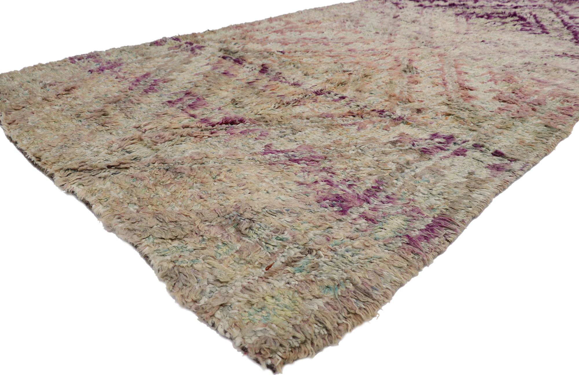 21296 Vintage Berber Purple Moroccan rug with Bohemian Style 05'01 X 10'05. Showcasing an expressive design, incredible detail and texture, this hand knotted wool vintage Berber Moroccan rug is a captivating vision of woven beauty. The eye-catching