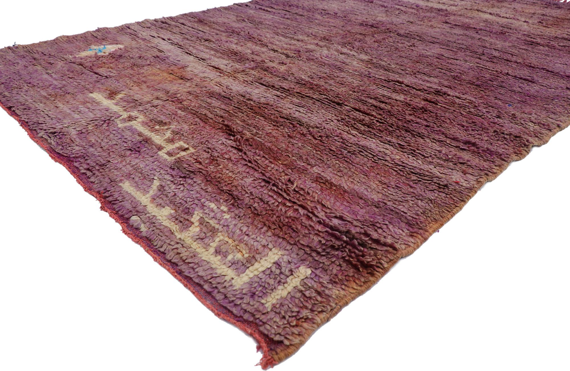 21424 Vintage Berber Moroccan rug with Bohemian Style 06'00 x 10'00. With its simplicity, plush pile and Bohemian vibes, this hand knotted wool vintage Berber Moroccan rug is a captivating vision of woven beauty. Imbued with rust and purple hues,