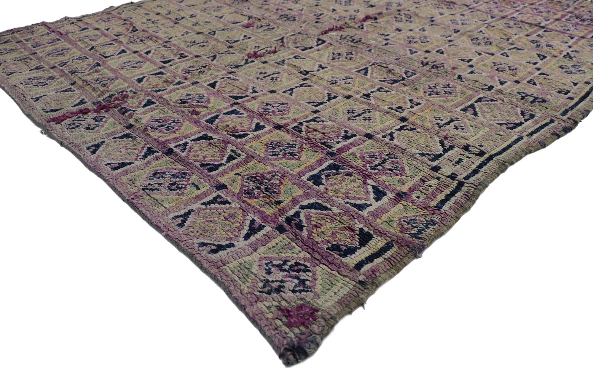21341 Vintage Berber Purple Moroccan Rug with Boho Chic Tribal Style 05'08 x 07'01. Showcasing a bold expressive design, incredible detail and texture, this hand knotted wool vintage Berber Moroccan rug is a captivating vision of woven beauty. The