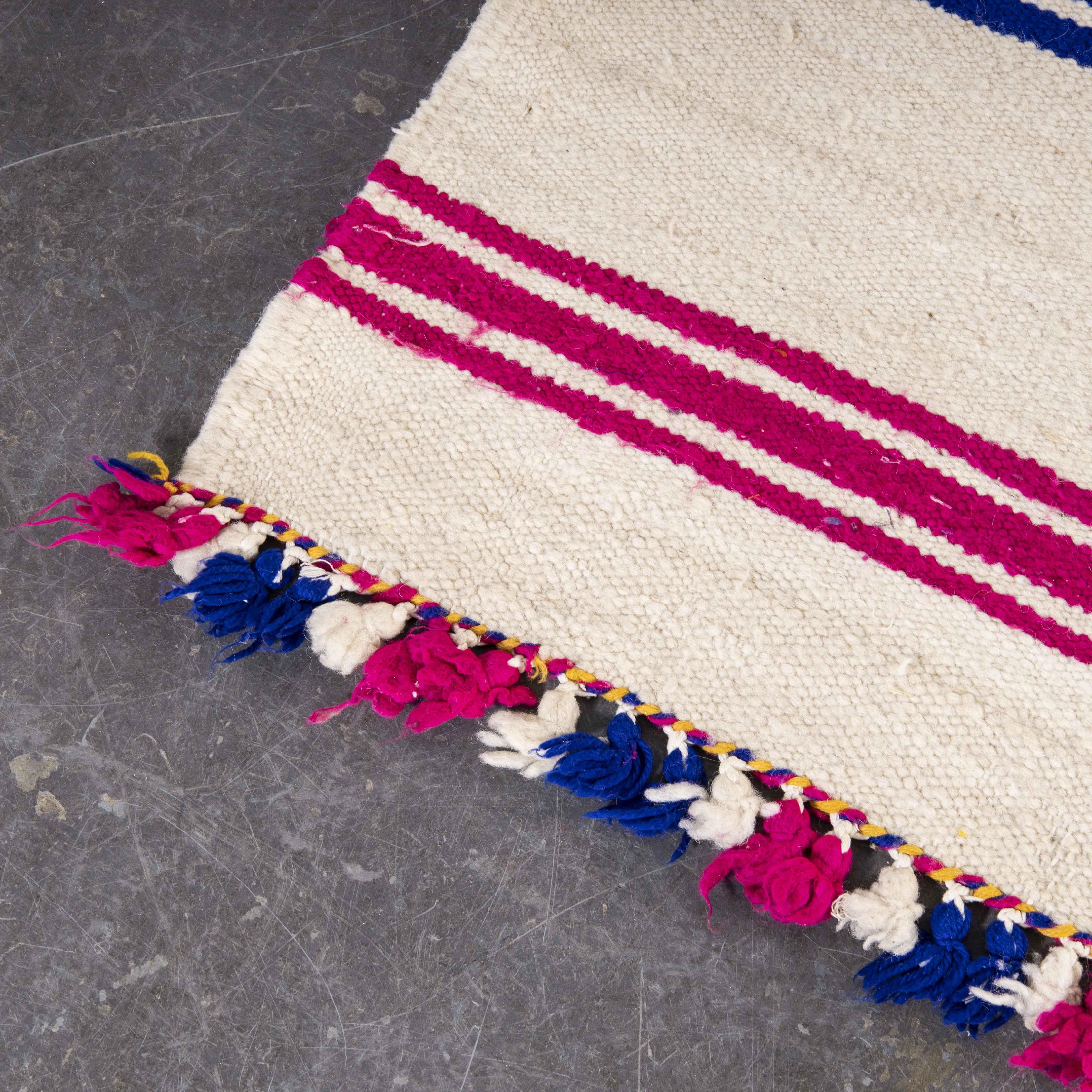 Cotton Vintage Berber Red and Blue Thin Stripe Hanbel Rug For Sale