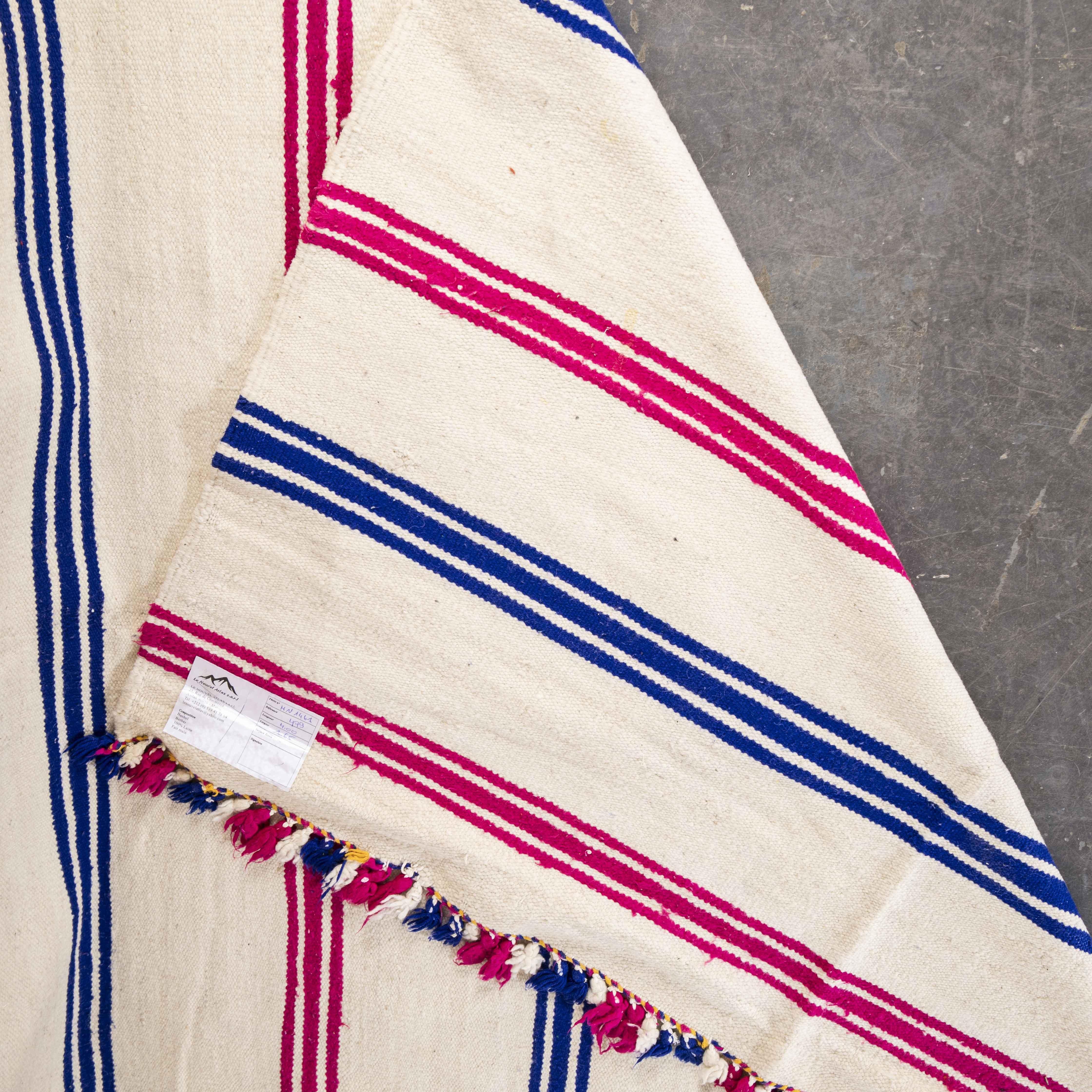 Vintage Berber Red and Blue Thin Stripe Hanbel Rug For Sale 1