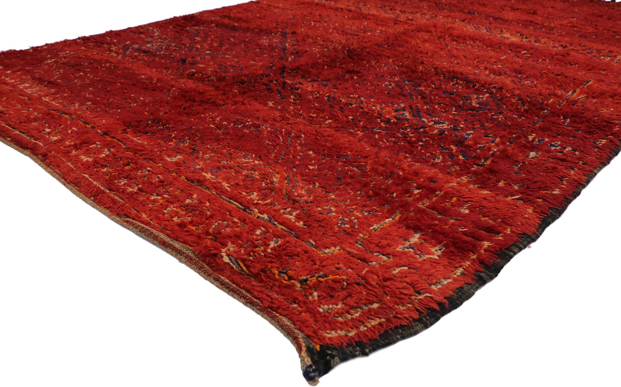 21269 vintage Berber Beni M'Guild Moroccan rug with Tribal style 06'05 x 09'09. With its simplicity, plush pile and tribal style, this hand knotted wool vintage Beni M'Guild Moroccan rug is a captivating vision of woven beauty. The abrashed red