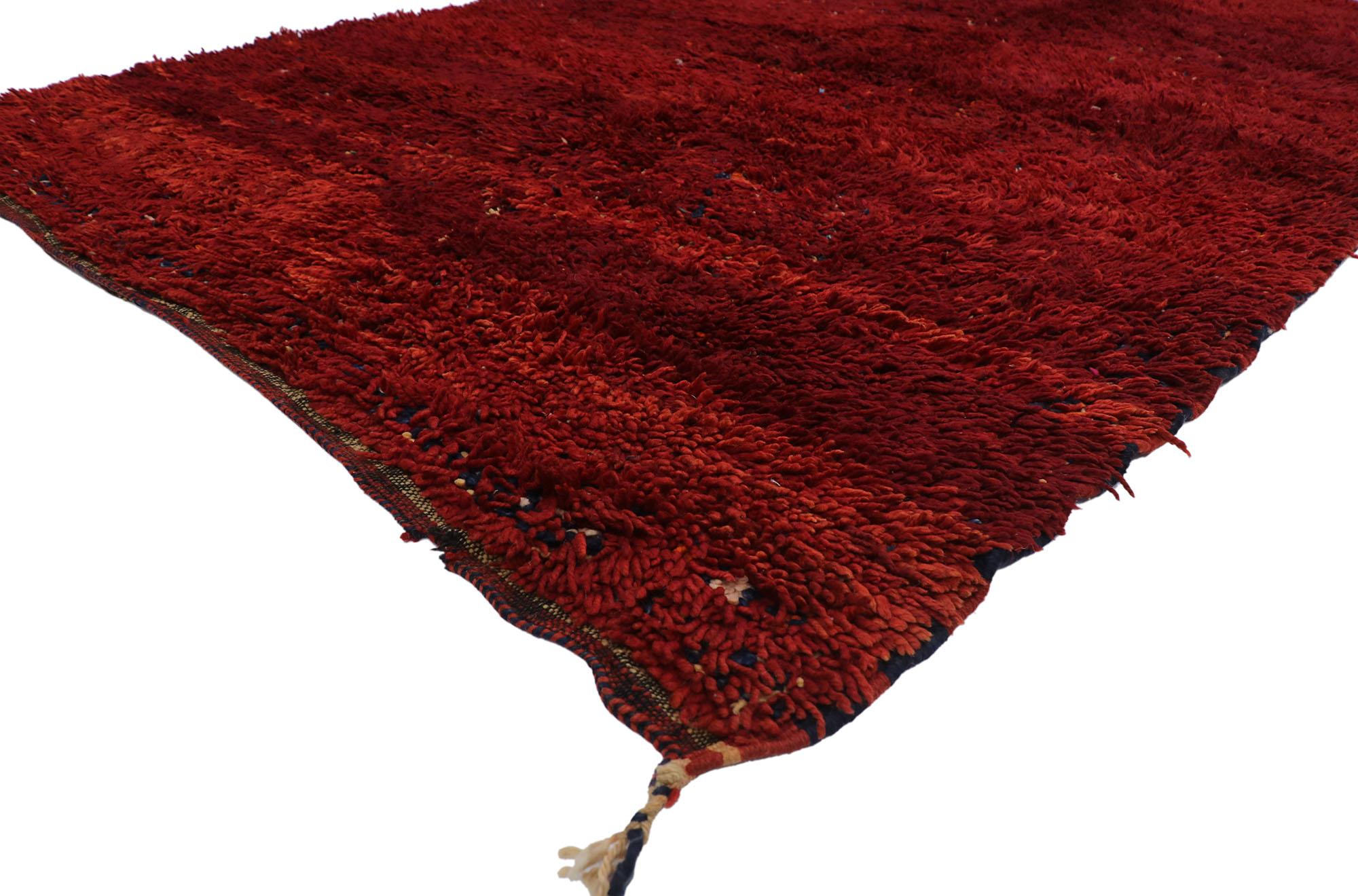 21270 vintage Berber red Beni M'Guild Moroccan rug with Tribal style 06'10 x 10'04. With its simplicity, plush pile and tribal style, this hand knotted wool vintage Beni M'Guild Moroccan rug is a captivating vision of woven beauty. The abrashed red