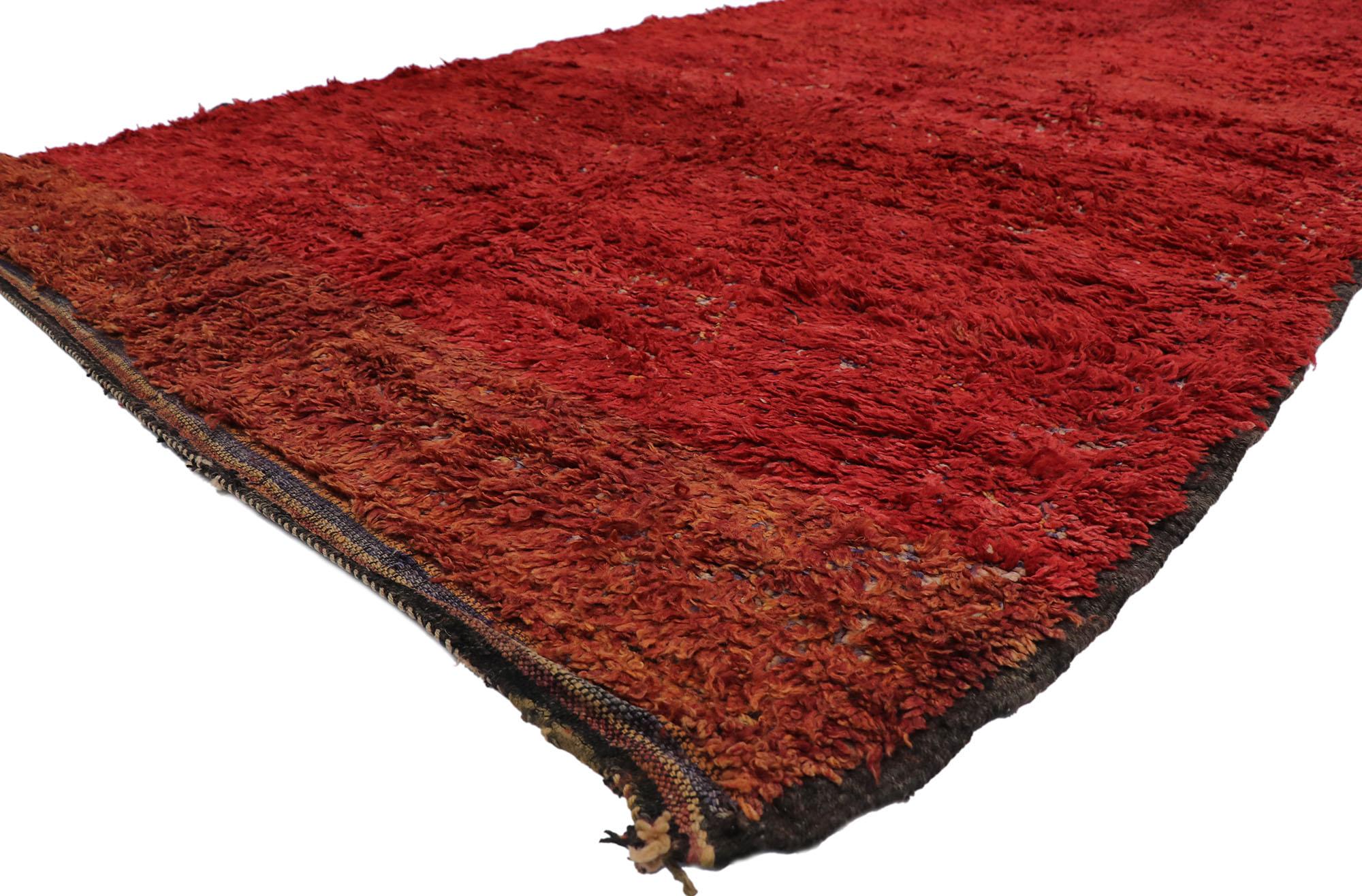 21208 Vintage Berber Red Beni M'Guild Moroccan rug with Tribal Style 07'01 x 13'00. With its simplicity, plush pile and tribal style, this hand knotted wool vintage Beni M'Guild Moroccan rug is a captivating vision of woven beauty. The abrashed red