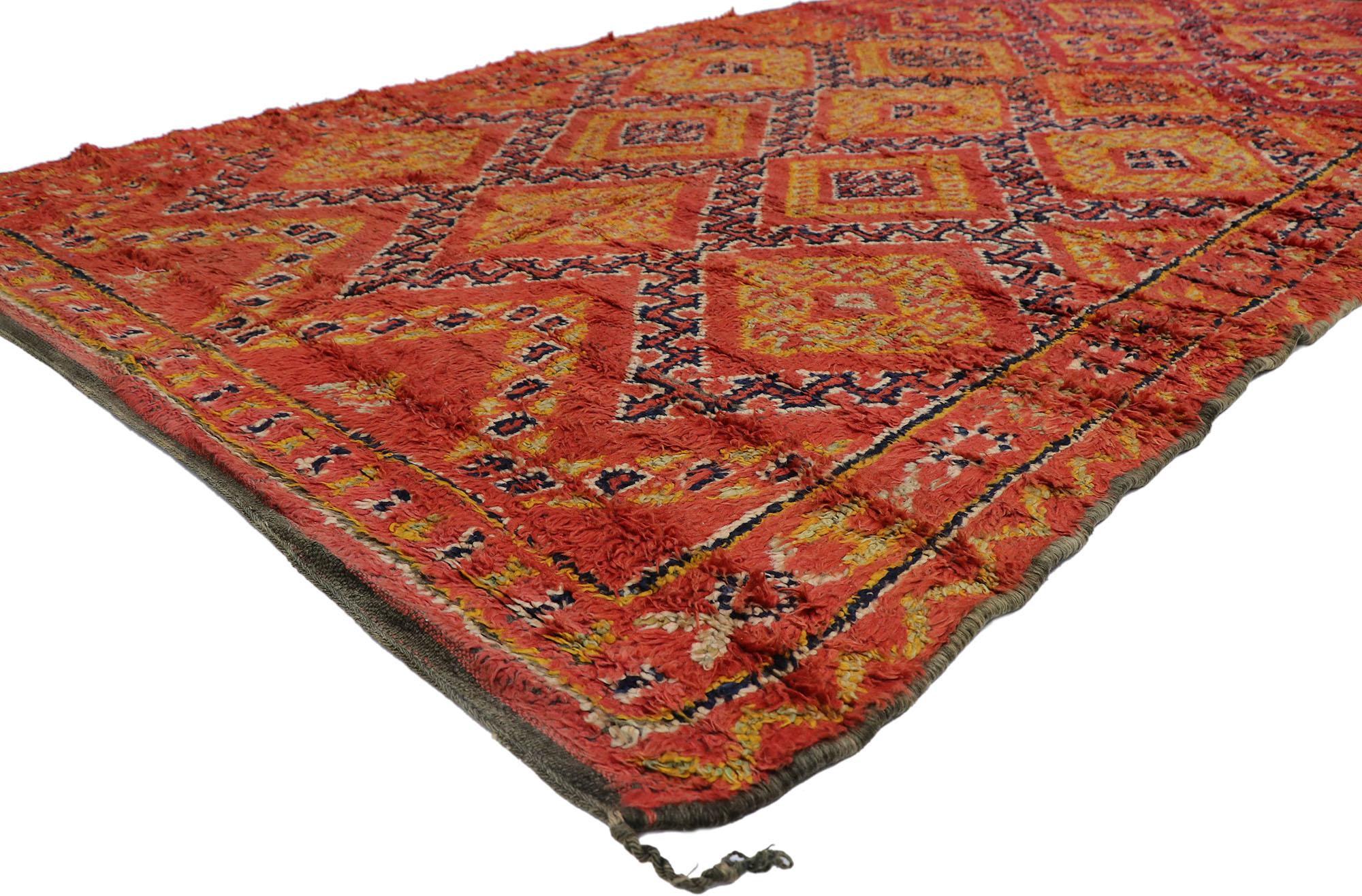 21505 Vintage Berber Red Beni M'Guild Moroccan rug with Tribal Style 05'09 x 10'07. Showcasing a bold expressive design, incredible detail and texture, this hand knotted wool vintage Berber Beni M'Guild Moroccan rug is a captivating vision of woven