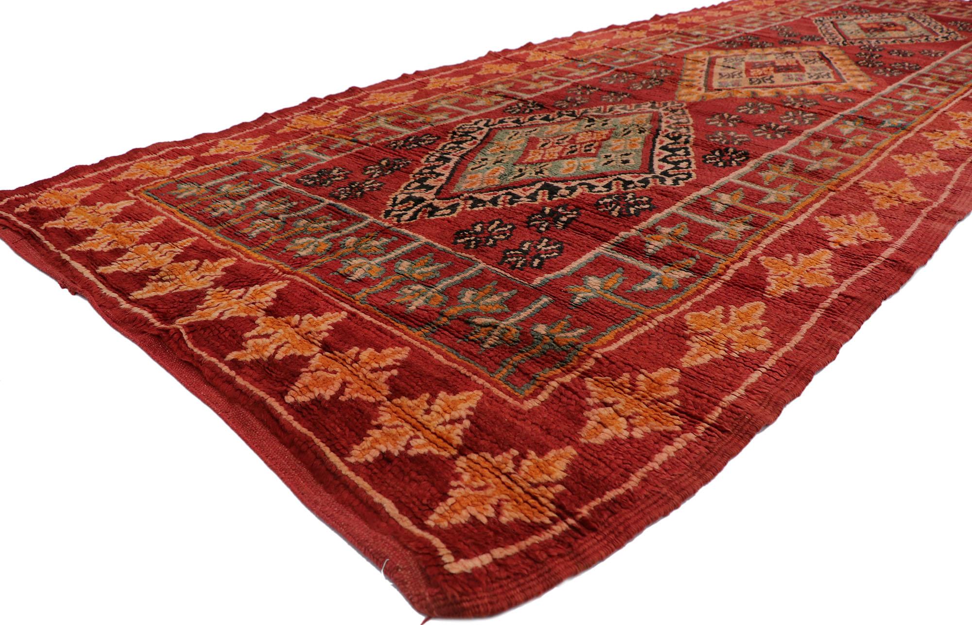 21486 Vintage Berber Red Boujad Moroccan Rug with Tribal Style 04'09 x 13'02. Showcasing a bold expressive design, incredible detail and texture, this hand knotted wool vintage Berber Boujad Moroccan rug is a captivating vision of woven beauty. The