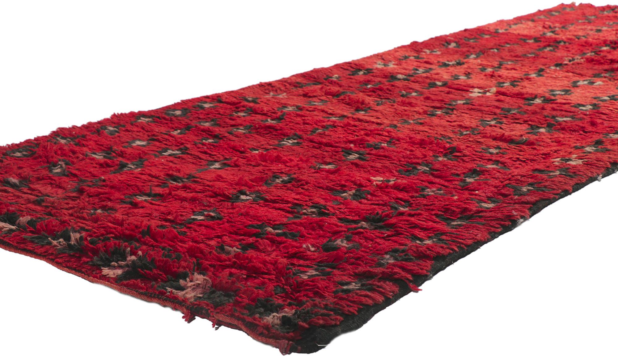 ?21508 vintage Berber red Moroccan Hallway Runner 03'06 x 08'08. ?Showcasing an expressive tribal design, incredible detail and texture, this hand knotted wool vintage Berber Moroccan runner is a captivating vision of woven beauty. The eye-catching